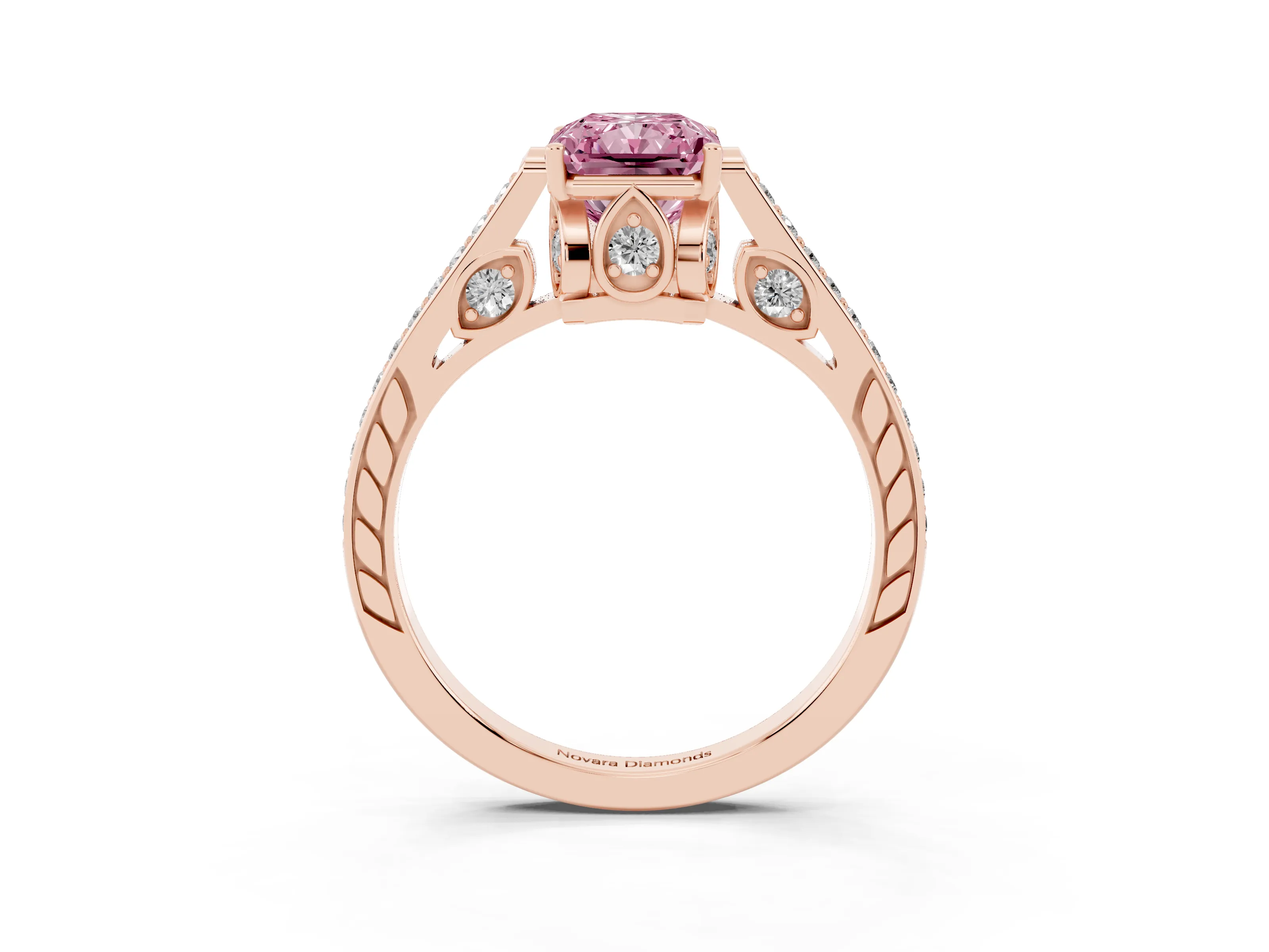 Fancy Pink Radiant Cut Diamond Cathedral Pavé Engagement Ring Set in Rose gold with Prong Setting