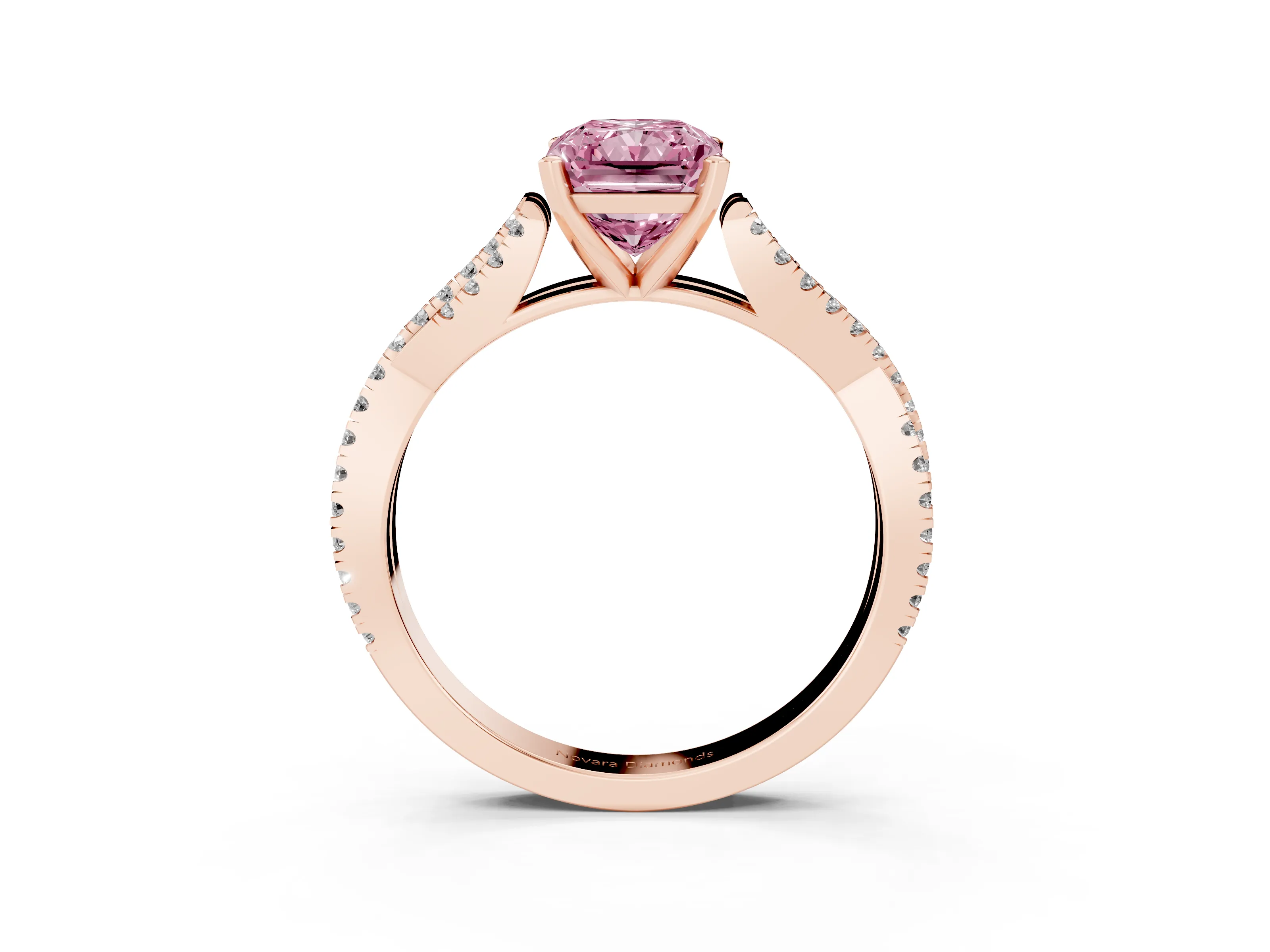 Fancy Pink Radiant Cut Diamond Solitaire Engagement Ring Set in Rose gold with Twisted Pavé Band and Prong Setting
