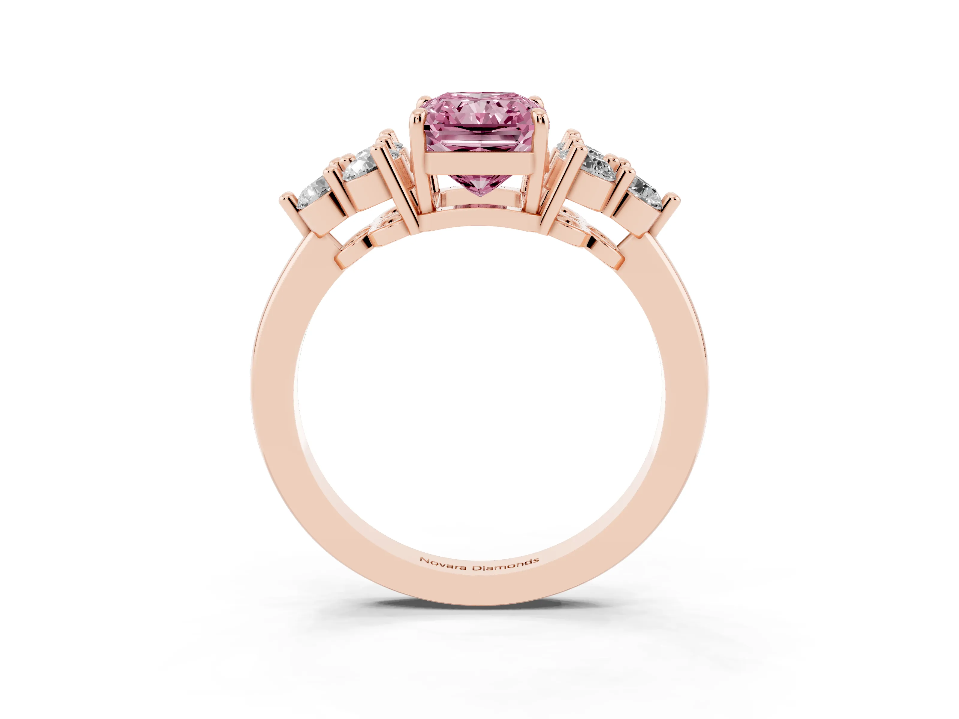 Fancy Pink Radiant Cut Diamond Solitaire Ring Set in Rose gold with Cluster Accents on Each Side