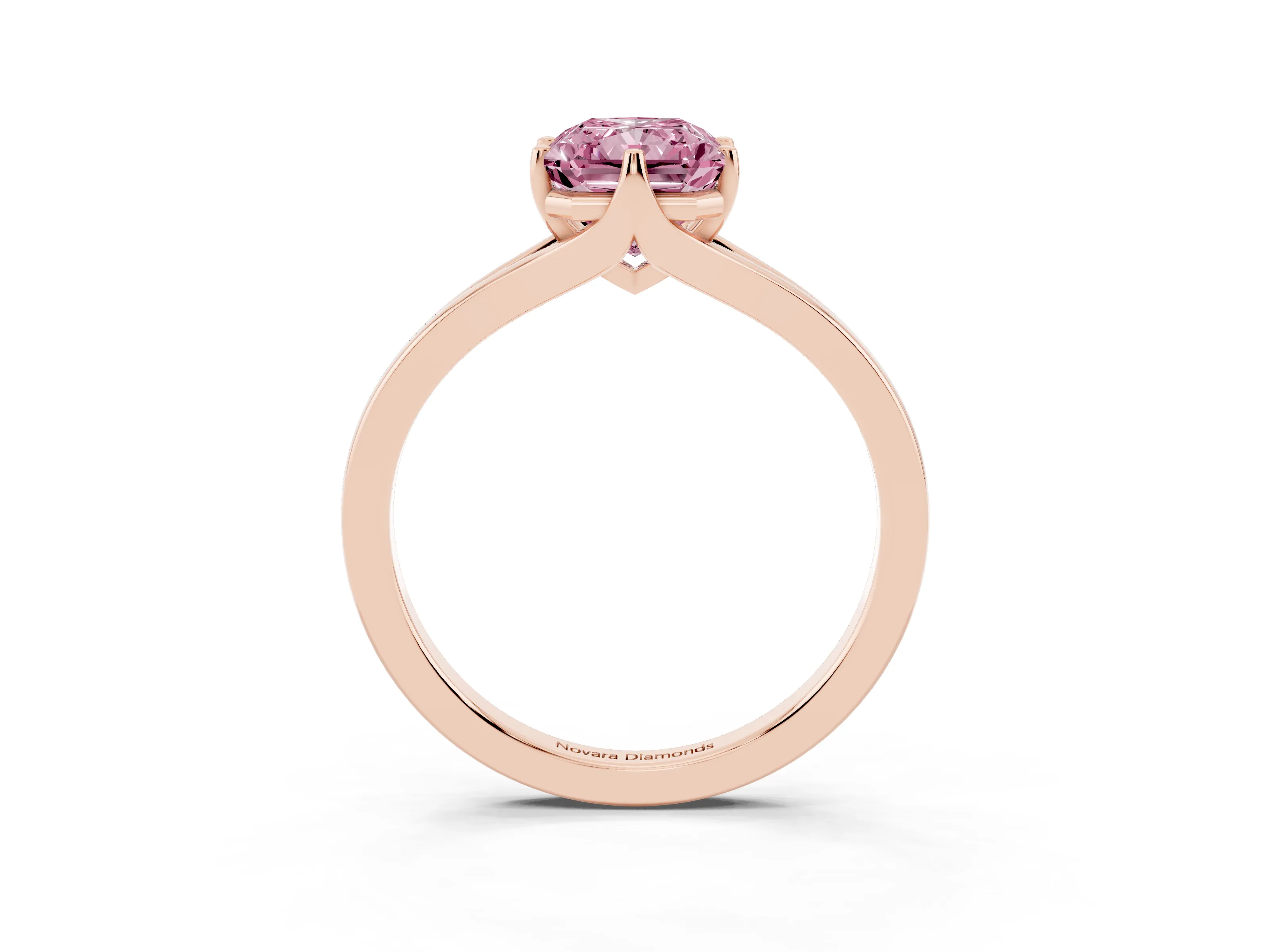 Fancy Pink Radiant Cut Diamond Solitaire Ring Set in Rose gold with Polished Tapered Band and Prong Setting