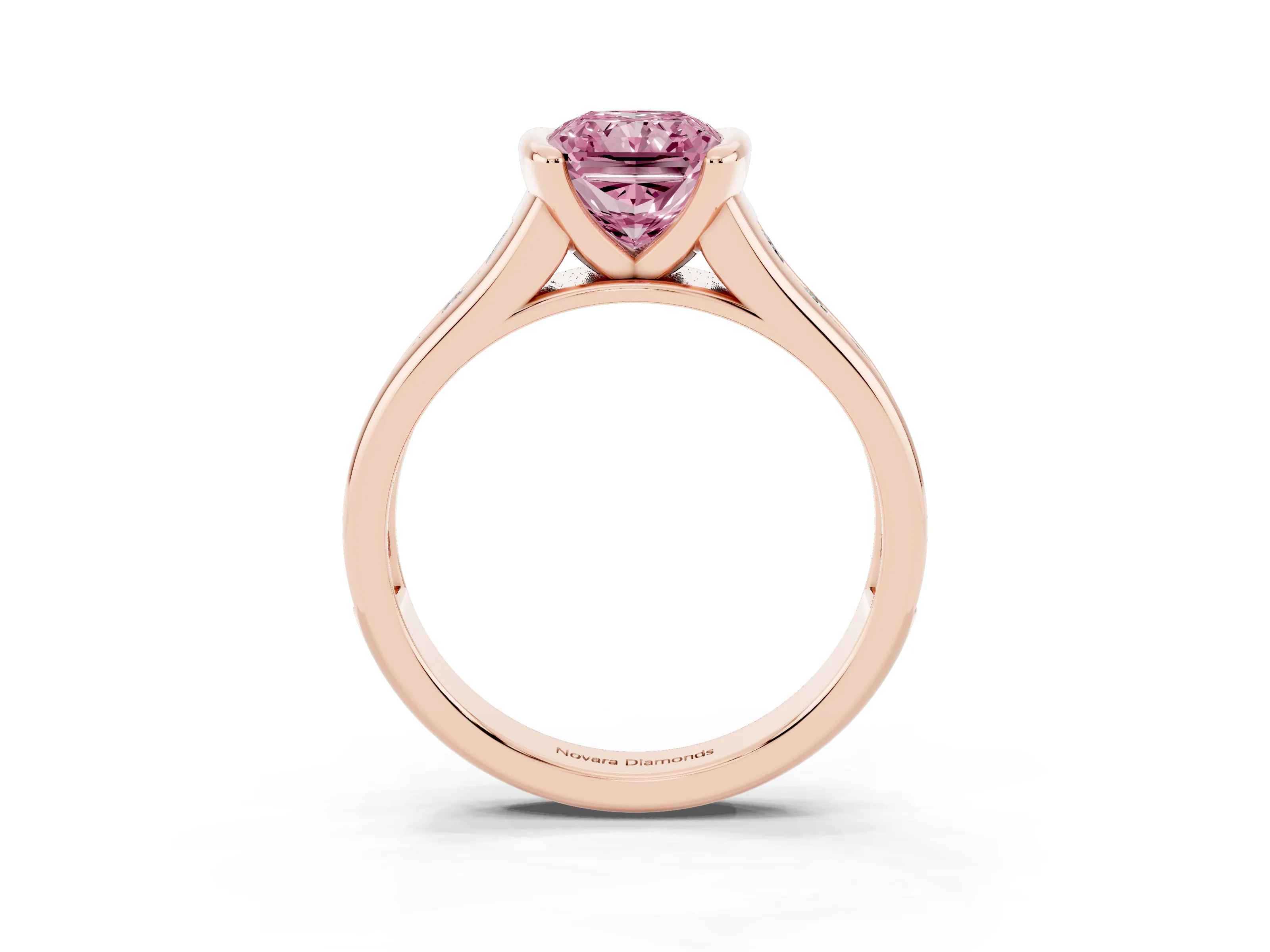 Fancy Pink Radiant Cut Diamond Bezel-Set Solitaire Ring Set in Rose gold with Channel-Set Band