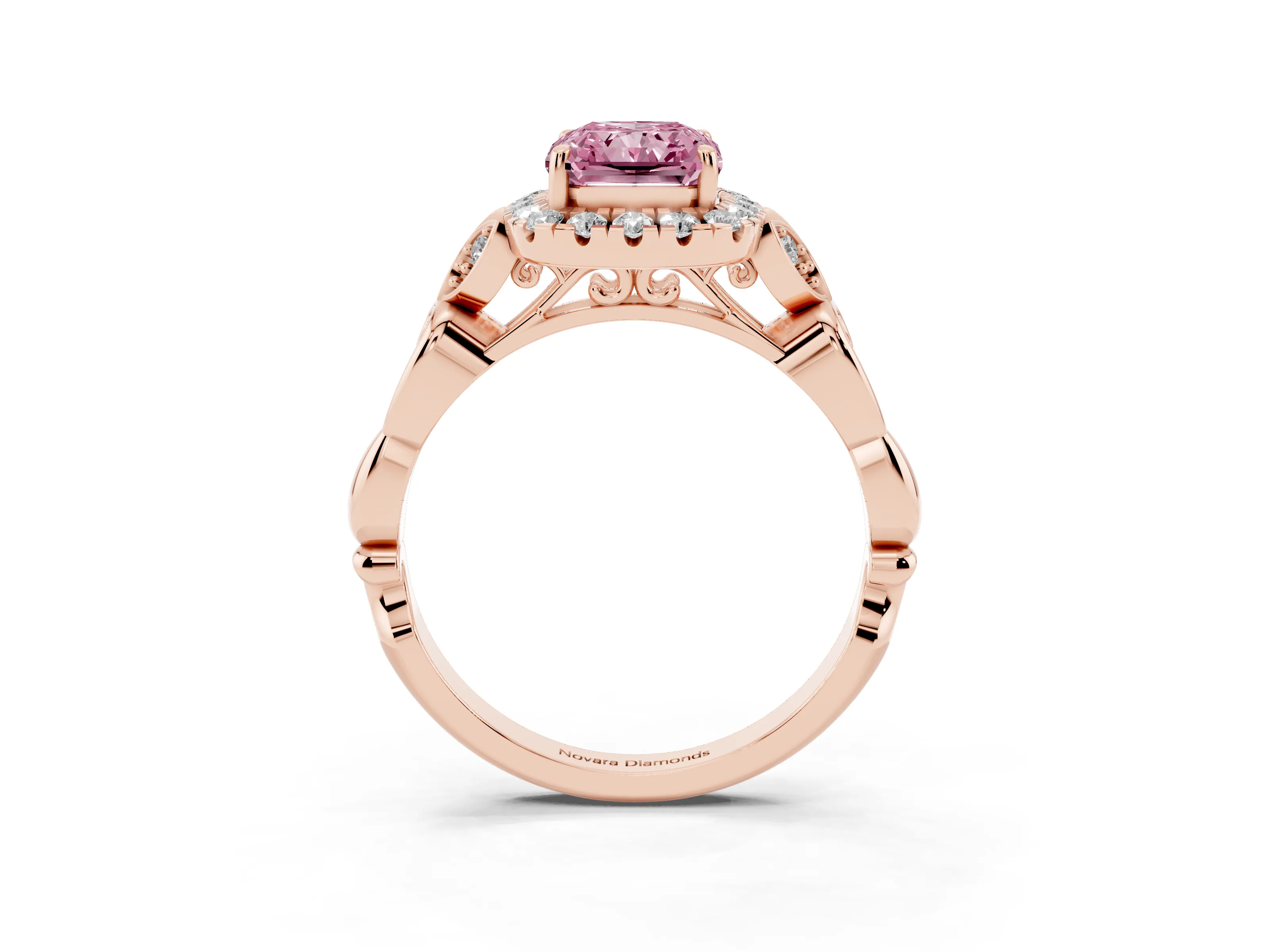 Fancy Pink Radiant Cut Diamond Halo Engagement Ring Set in Rose gold with Vintage-Inspired Band and Prong Setting