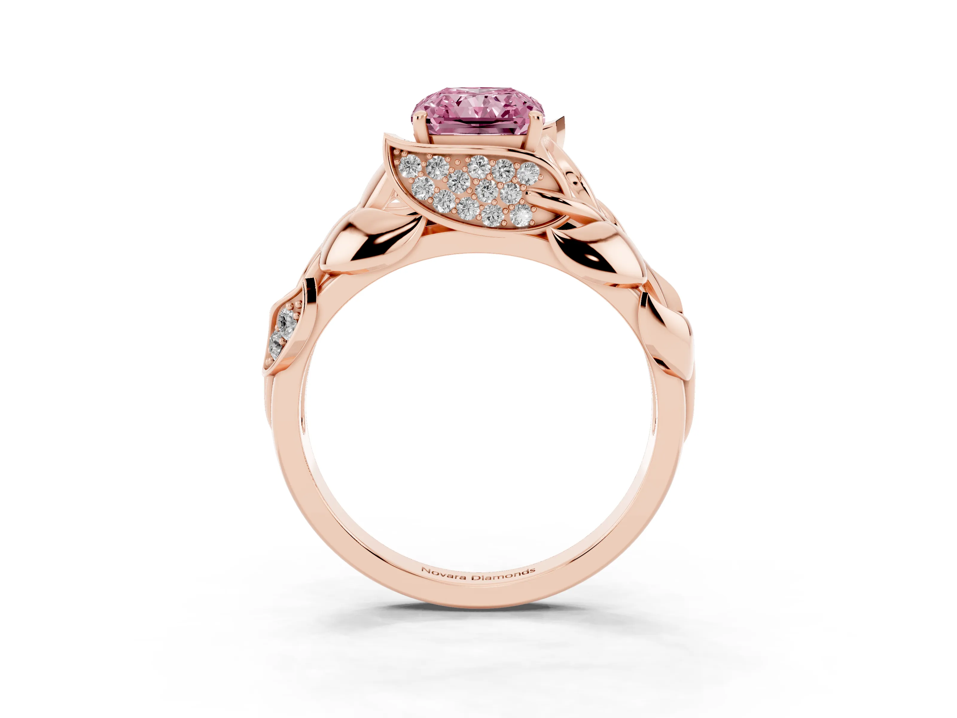 Fancy Pink Radiant Cut Diamond Leaf-Inspired Engagement Ring Set in Rose gold with Round Accents