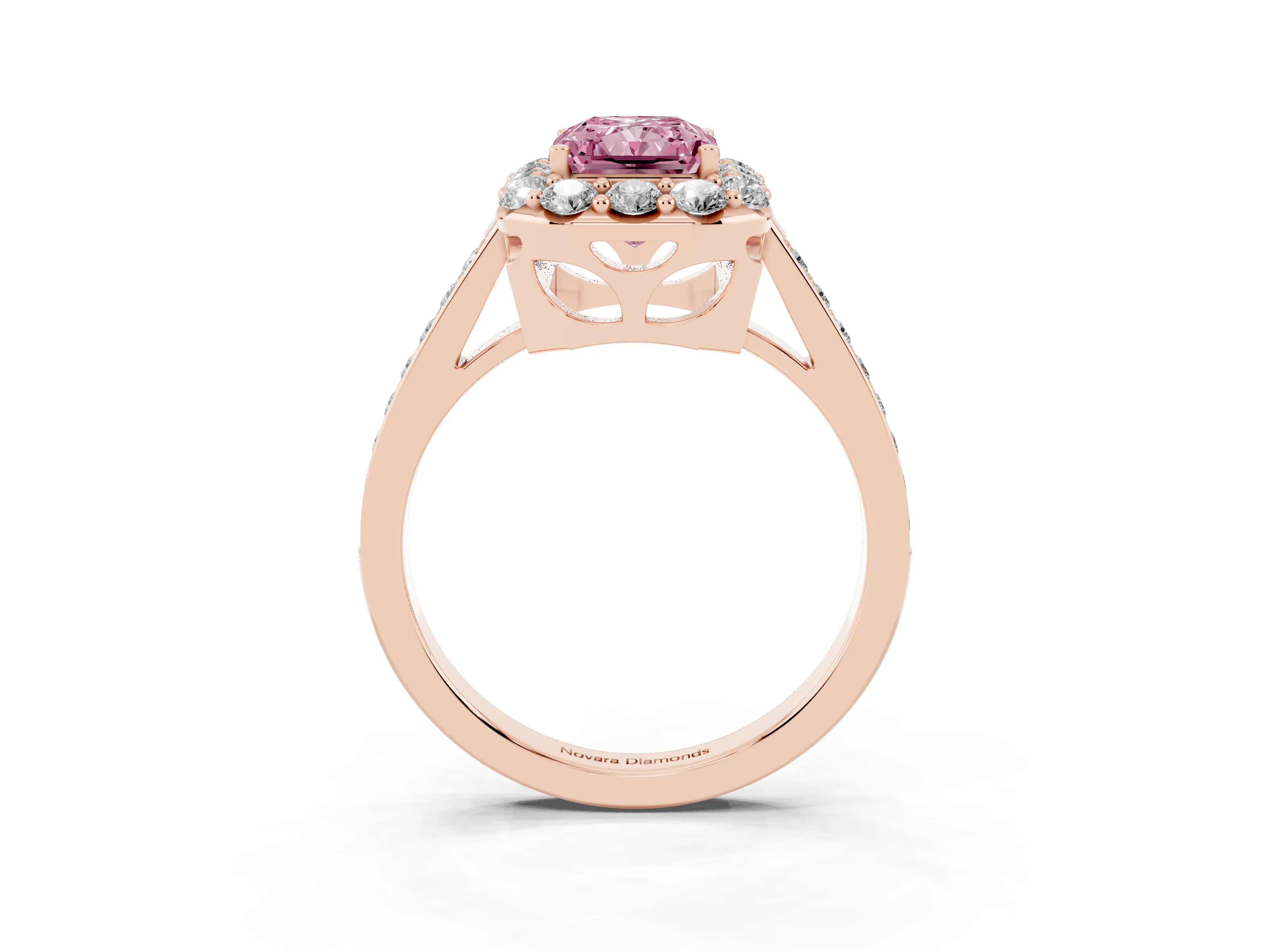 Fancy Pink Radiant Cut Diamond Floral Halo Ring Set in Rose gold with Pavé Band and Prong Setting