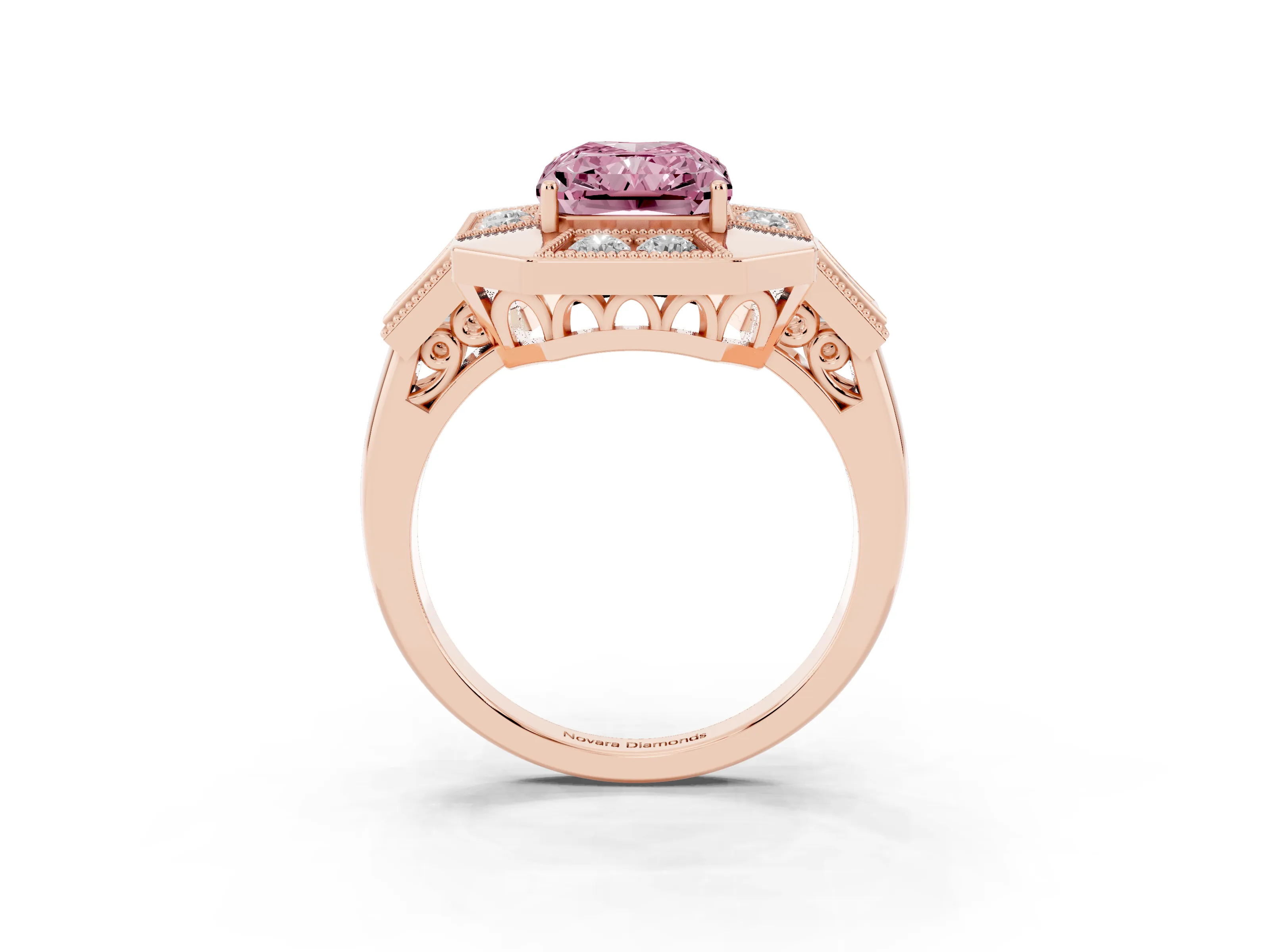 Fancy Pink Radiant Cut Diamond Milgrain Halo Ring Set in Rose gold with Split Shank