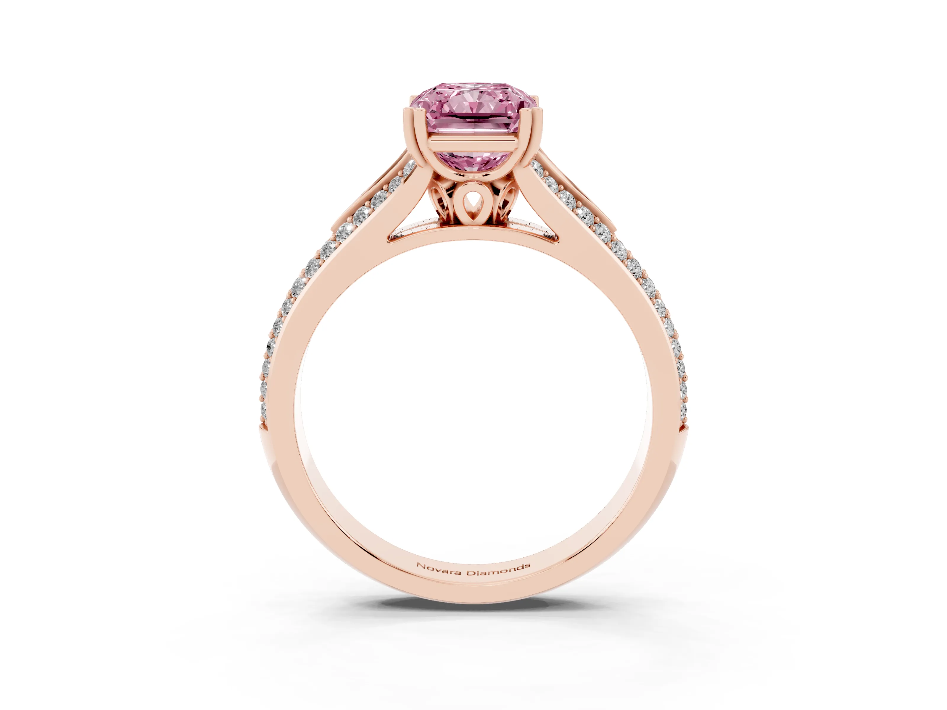 Fancy Pink Radiant Cut Diamond Split Shank Pavé Engagement Ring Set in Rose gold with Prong-Set Center Stone