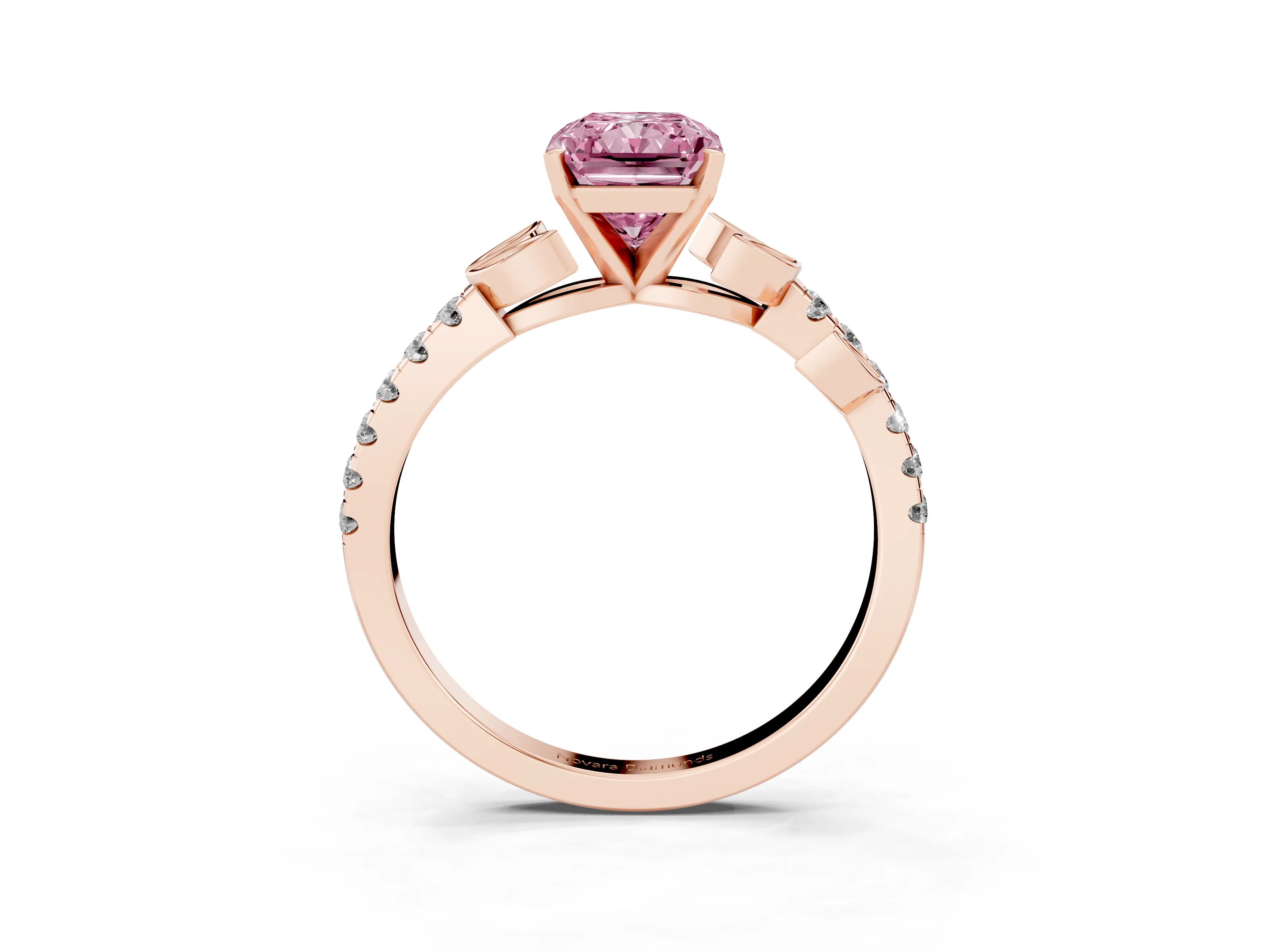 Fancy Pink Radiant Cut Diamond Solitaire Leaf-Inspired Ring Set in Rose gold with Pavé Band and Prong Setting