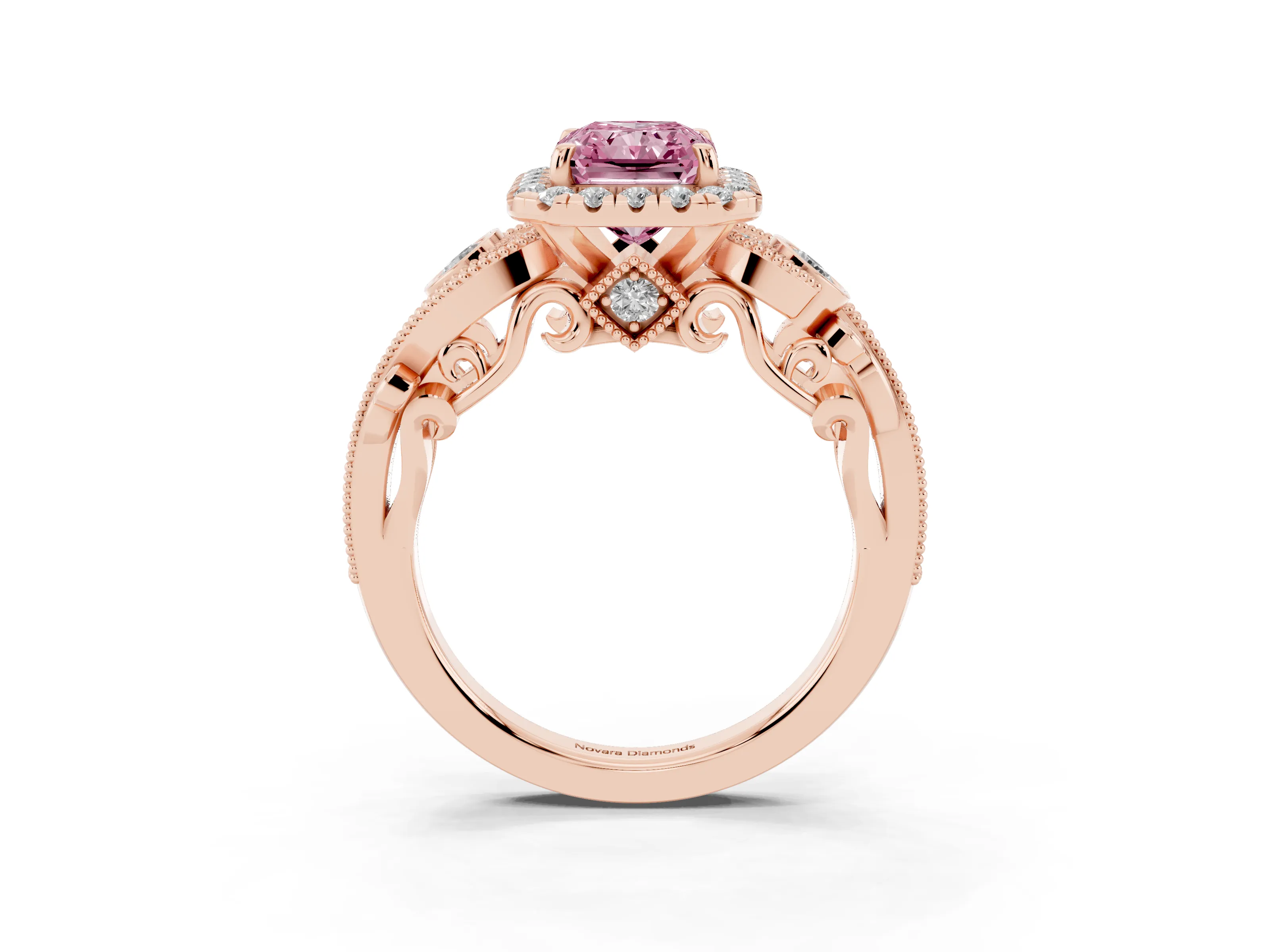 Fancy Pink Radiant Cut Diamond Halo Ring Set in Rose gold with Milgrain Pavé Band and Prong Setting