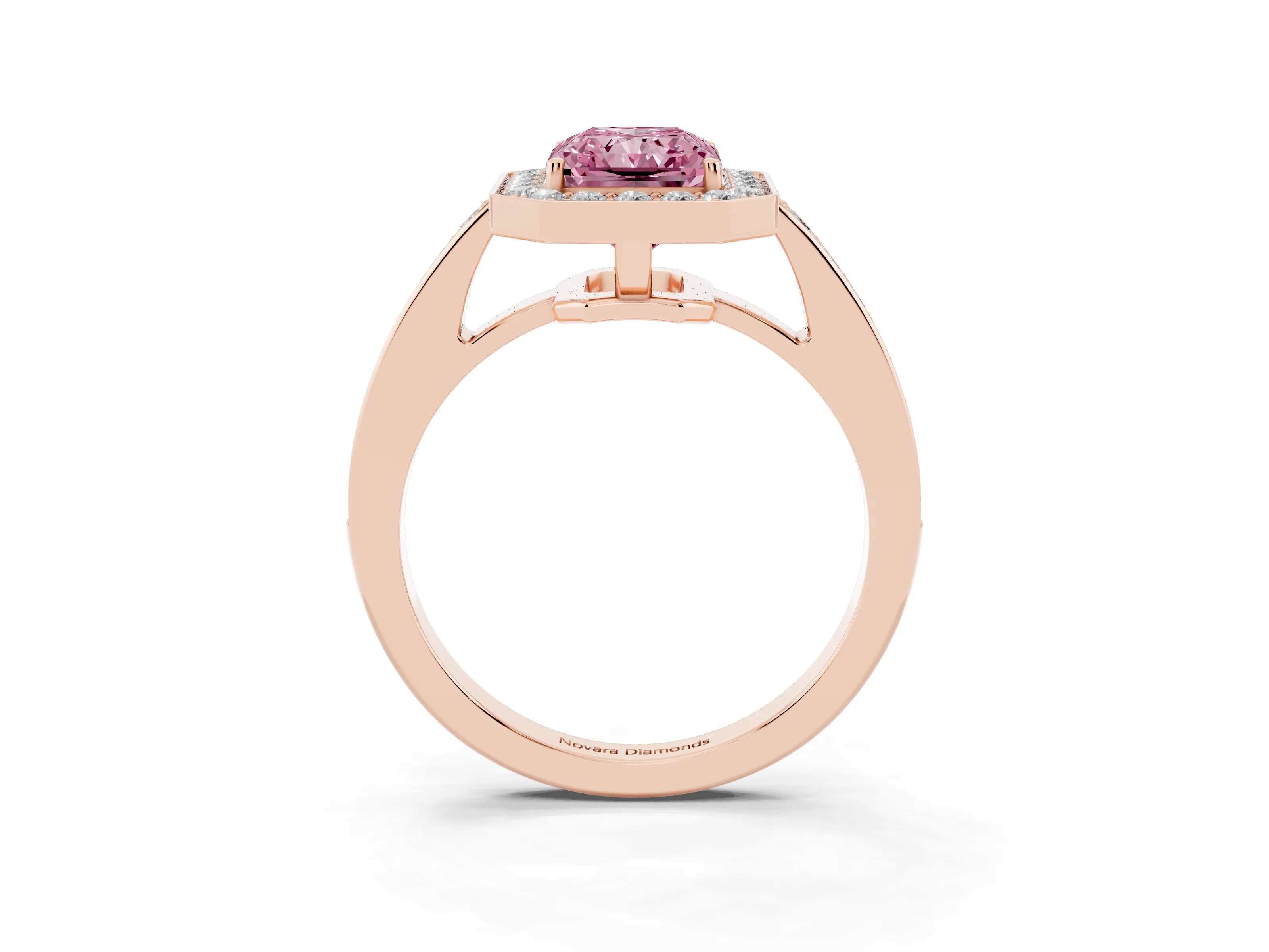 Fancy Pink Radiant Cut Diamond Halo Pavé Engagement Ring Set in Rose gold with Bezel Setting