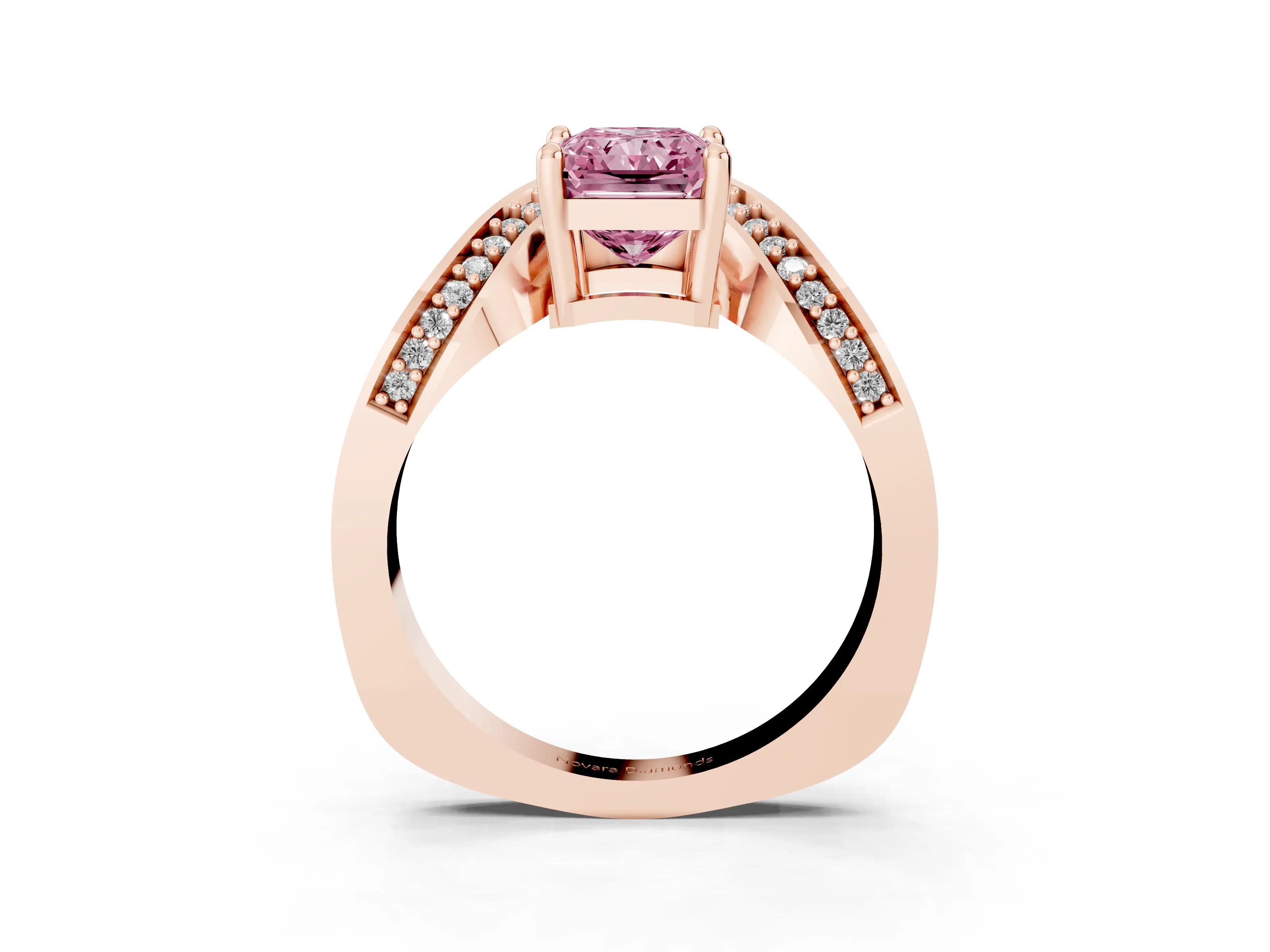Fancy Pink Radiant Cut Diamond Solitaire Engagement Ring Set in Rose gold with Pavé Shoulders