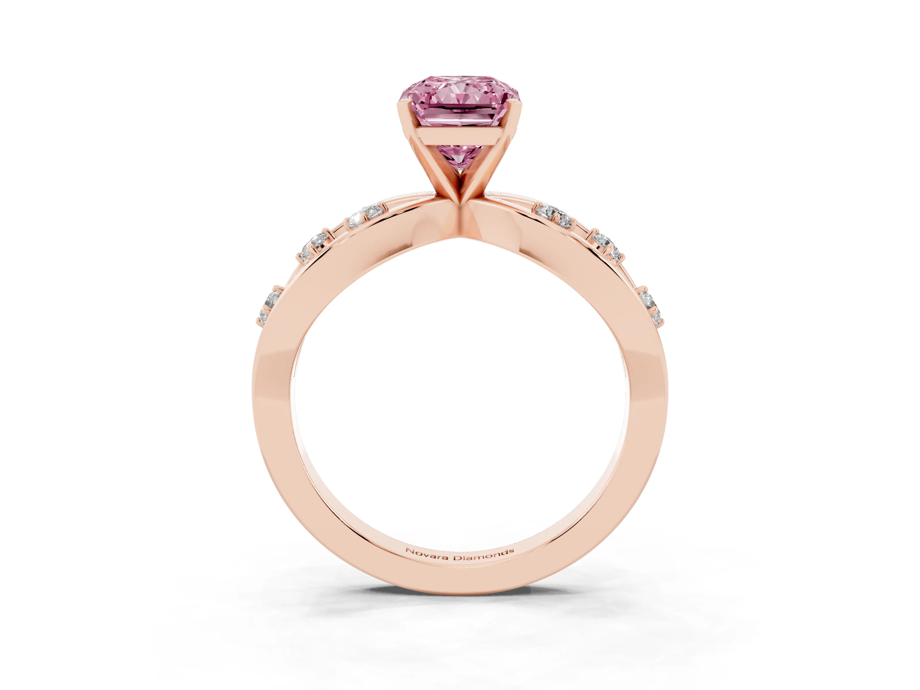 Fancy Pink Radiant Cut Diamond Solitaire Ring Set in Rose gold with Side Stones on Criss-Cross Band and Prong Setting