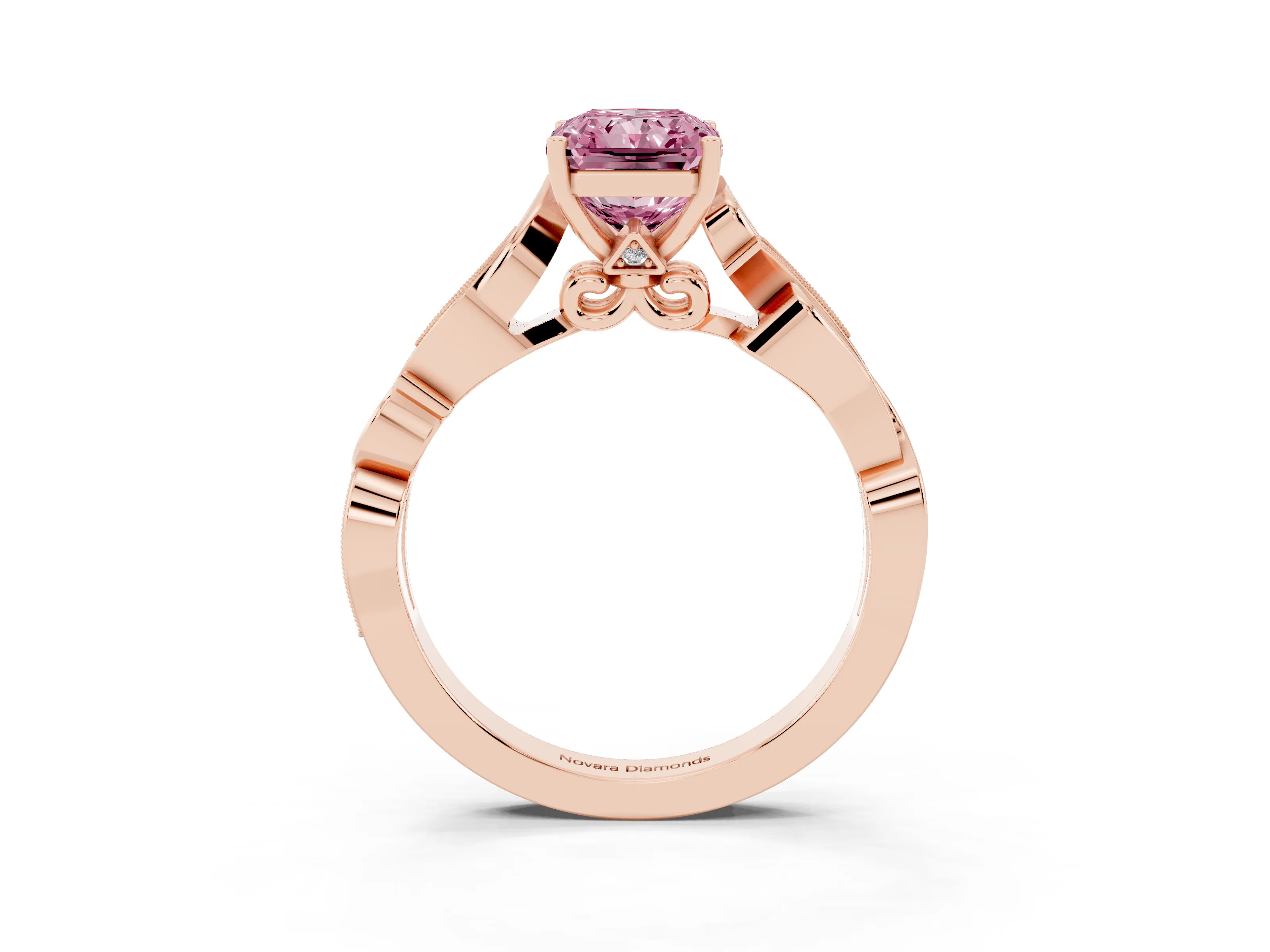 Fancy Pink Radiant Cut Diamond Vine Band Solitaire Ring Set in Rose gold with Milgrain Prong Setting