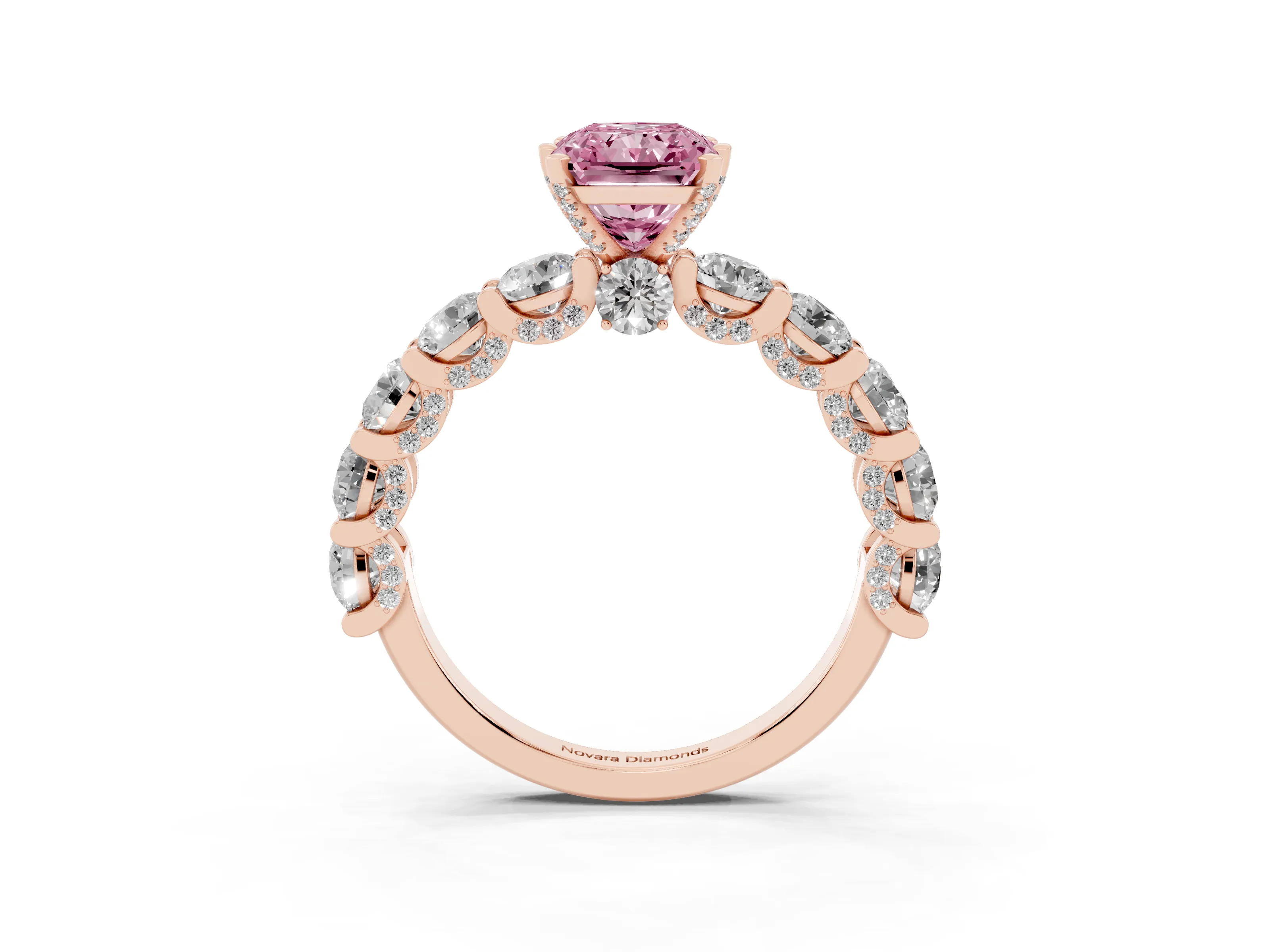 Fancy Pink Radiant Cut Diamond Side Stone Ring Set in Rose gold with Alternating Round and Oval Side Stones