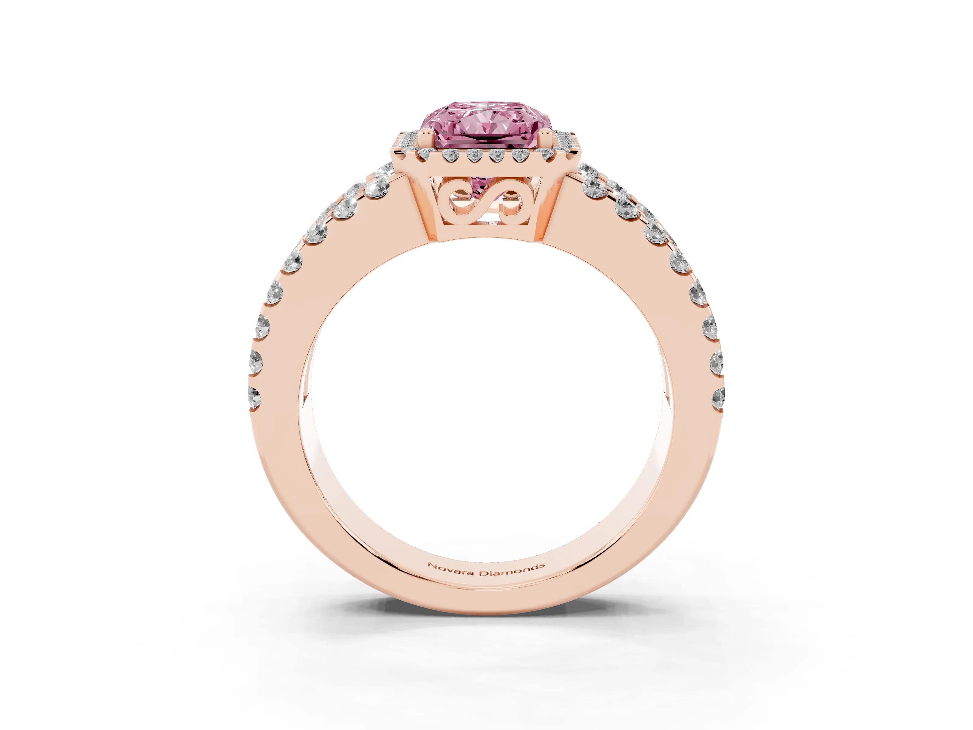 Fancy Pink Radiant Cut Diamond Halo Ring Set in Rose gold with Pavé Split Shank and Prong Setting