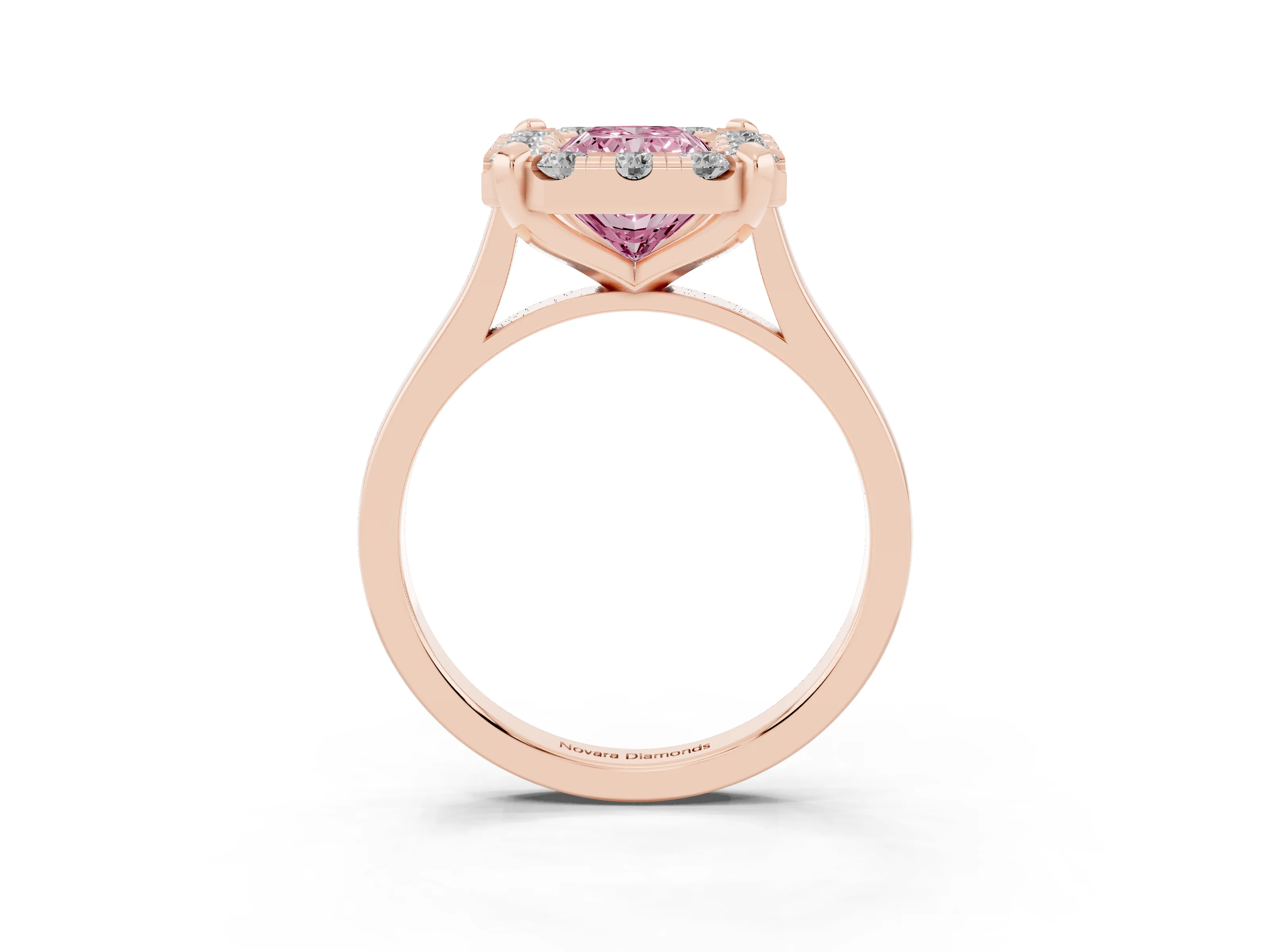 Fancy Pink Radiant Cut Diamond Cluster Halo Solitaire Ring Set in Rose gold with Prong Setting