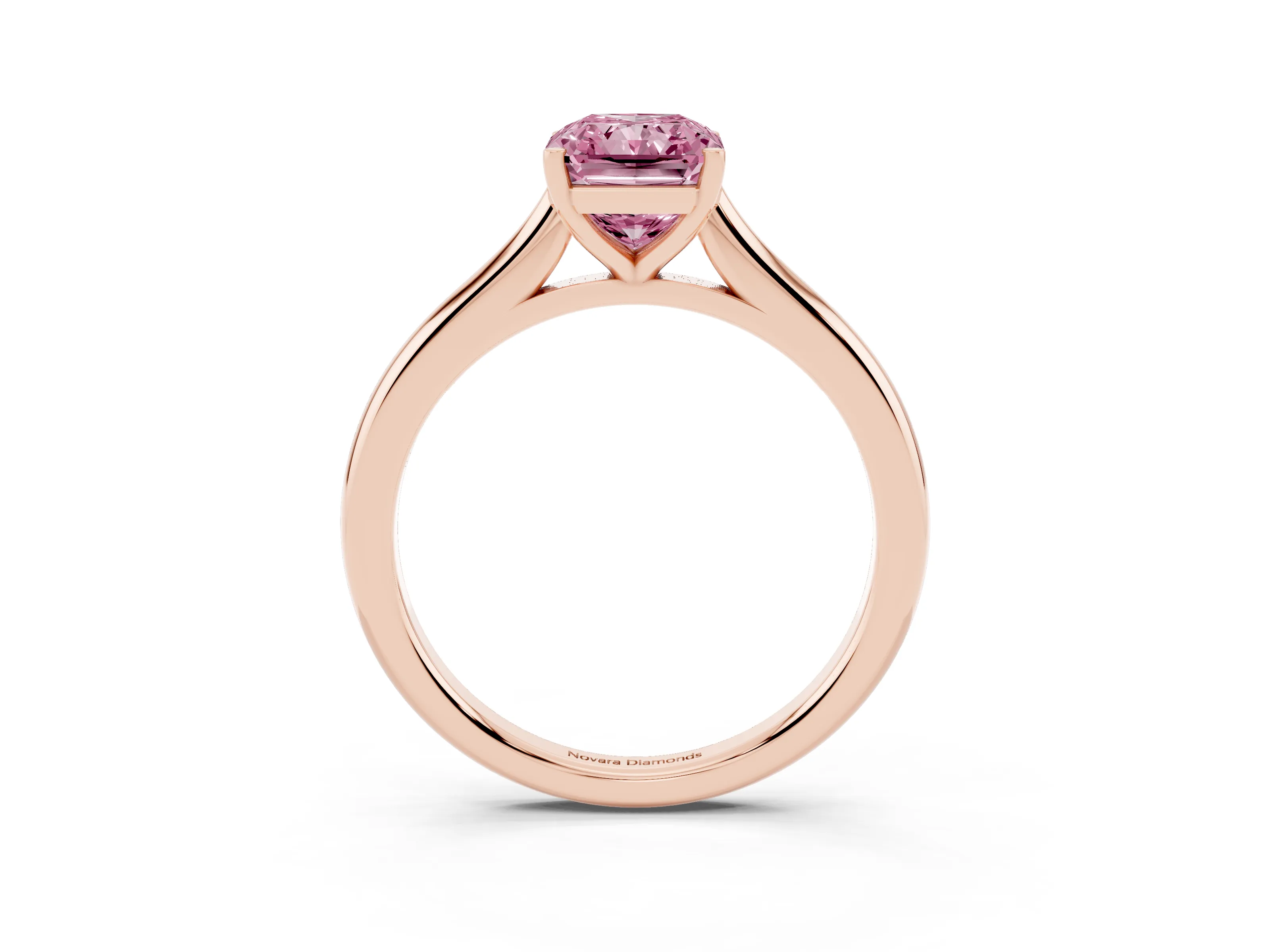 Fancy Pink Radiant Cut Diamond Solitaire Ring Set in Rose gold with Cathedral Band and Prong Setting