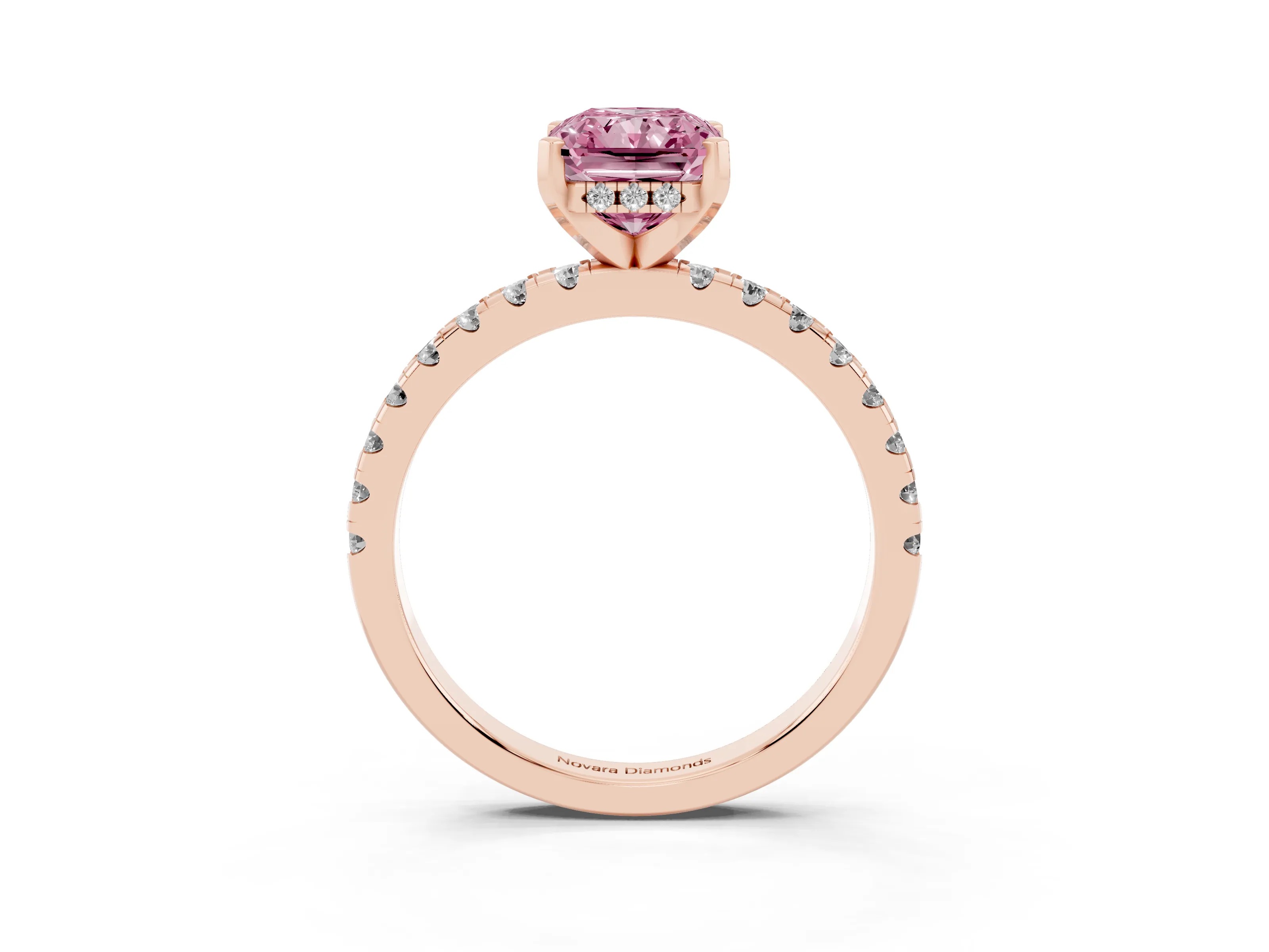 Fancy Pink Radiant Cut Diamond Pavé Solitaire Ring Set in Rose gold with Round Band Accents and Prong Setting