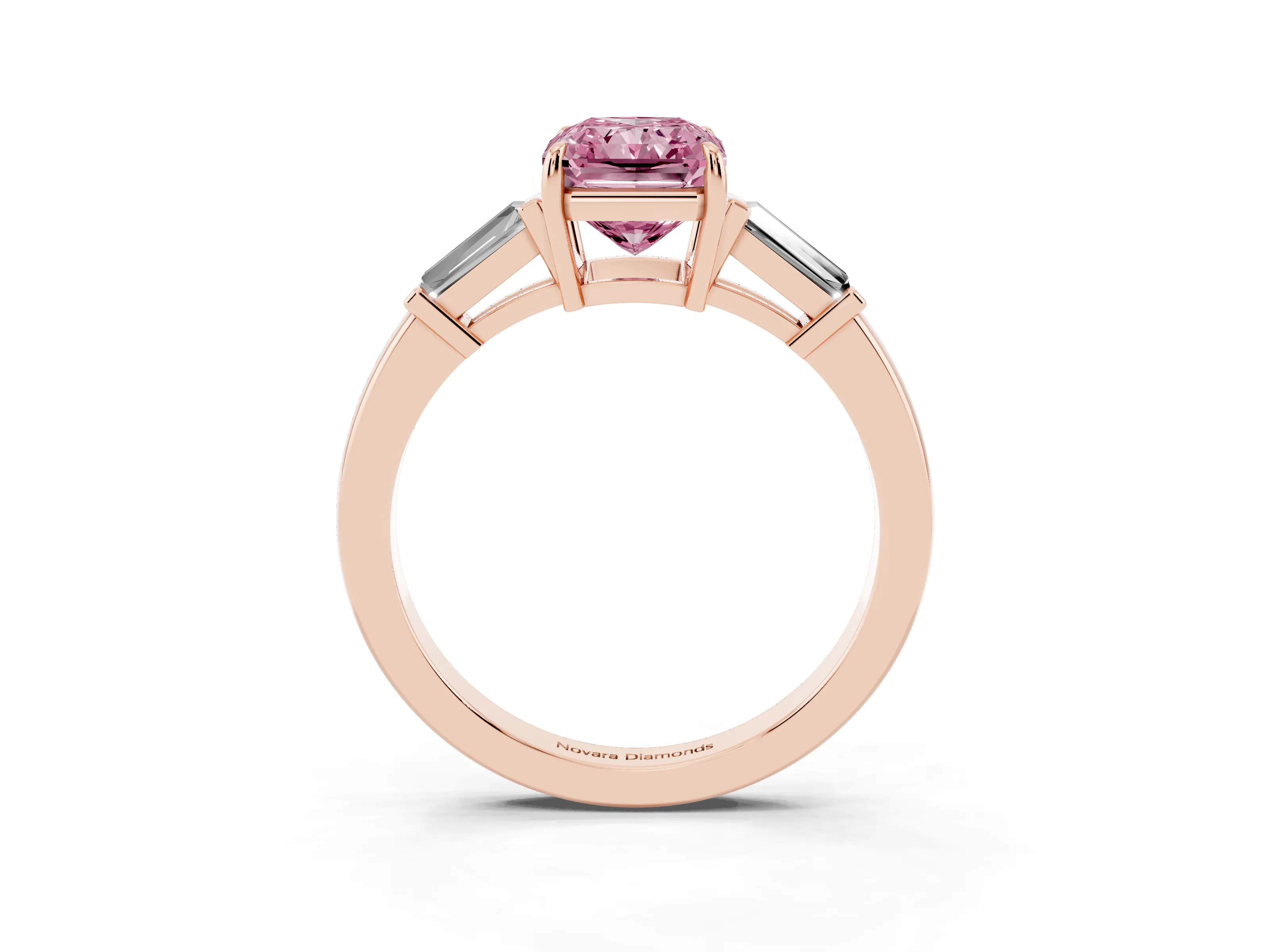 Fancy Pink Radiant Cut Diamond Three-Stone Ring Set in Rose gold with Tapered Baguette Side Stones and Prong Setting