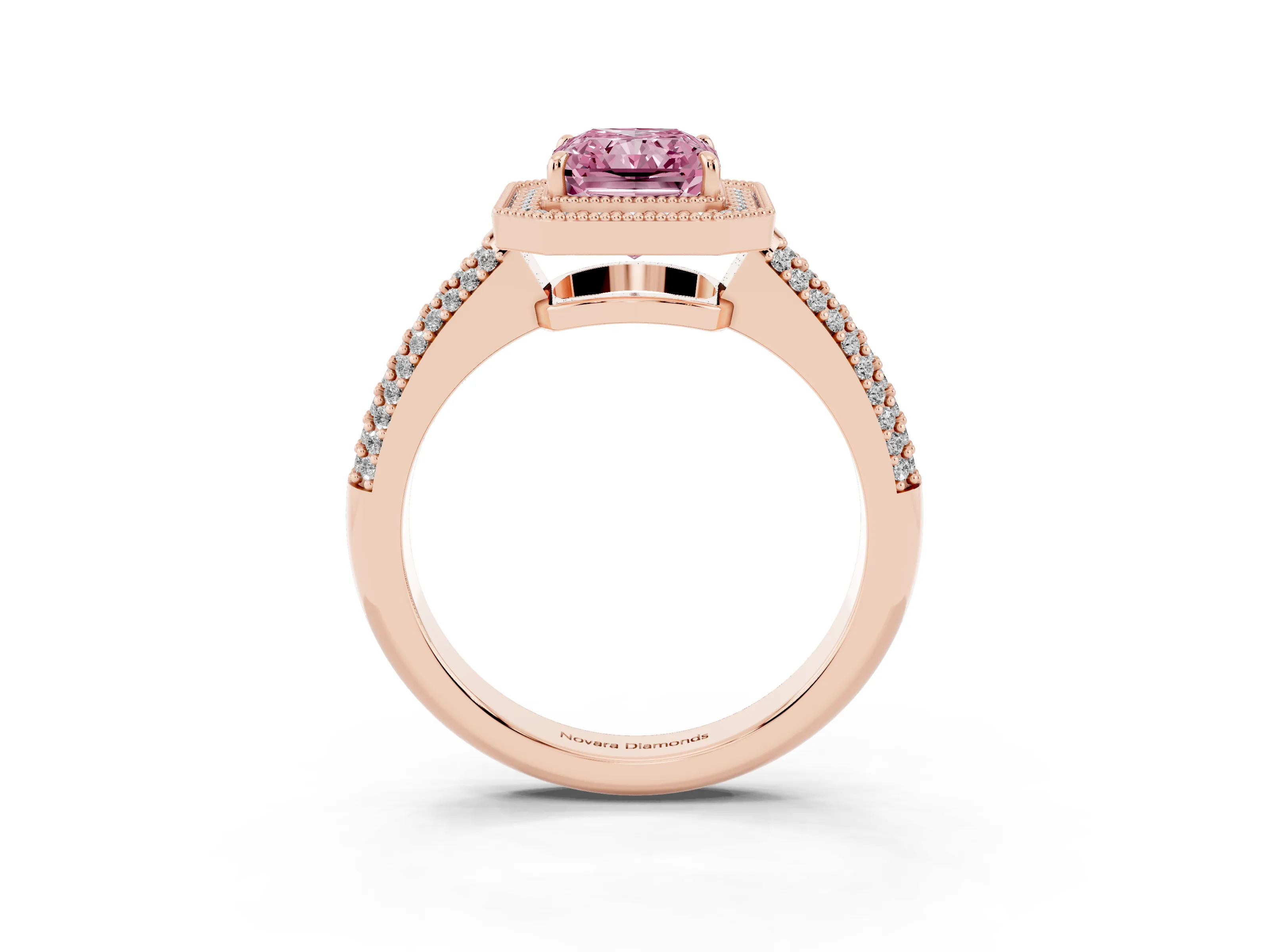 Fancy Pink Radiant Cut Diamond Halo Pavé Band Set in Rose gold with Prong Setting