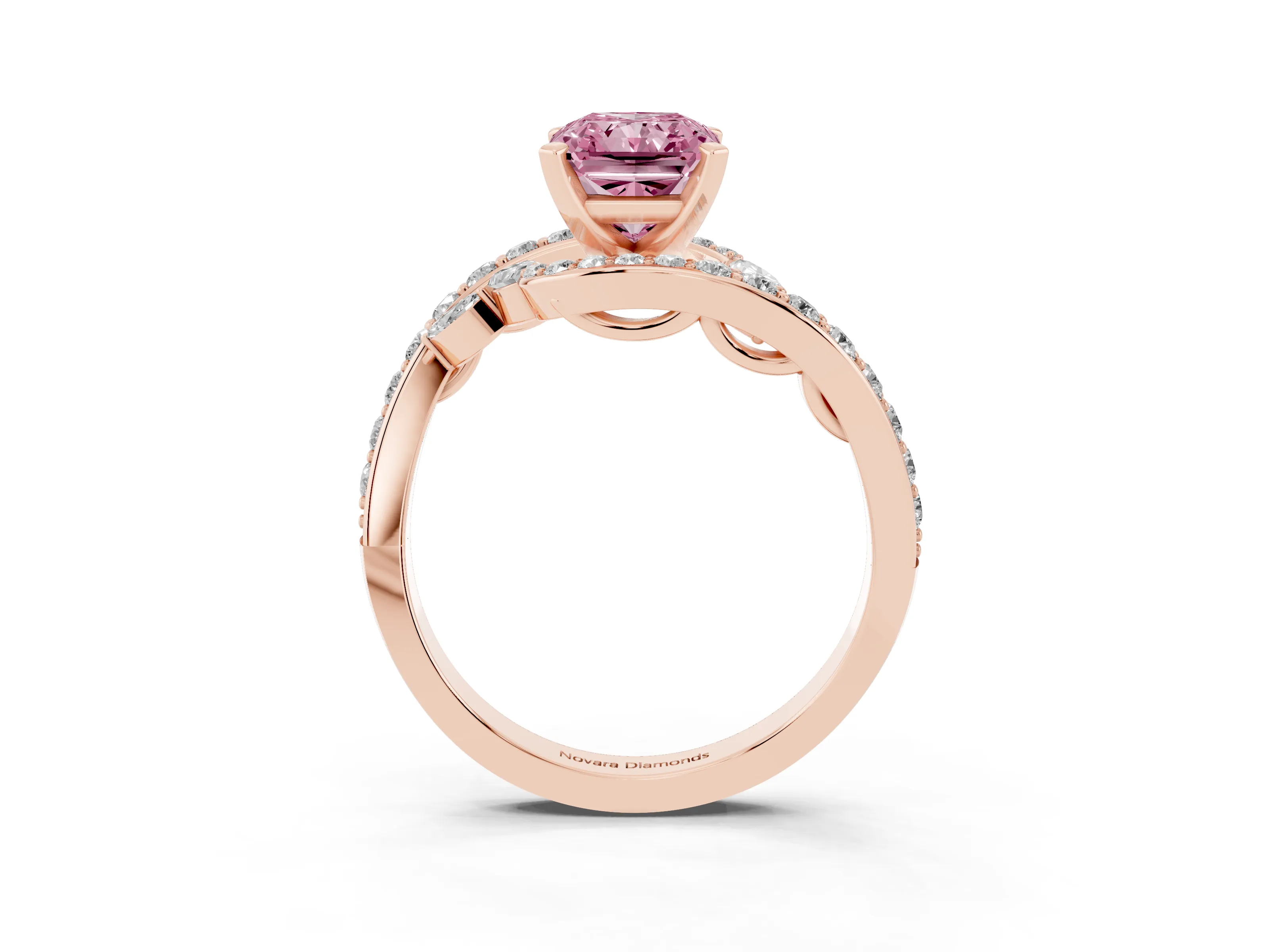 Fancy Pink Radiant Cut Diamond Solitaire Ring Set in Rose gold with Pavé Twist Band and Secure Prong Setting