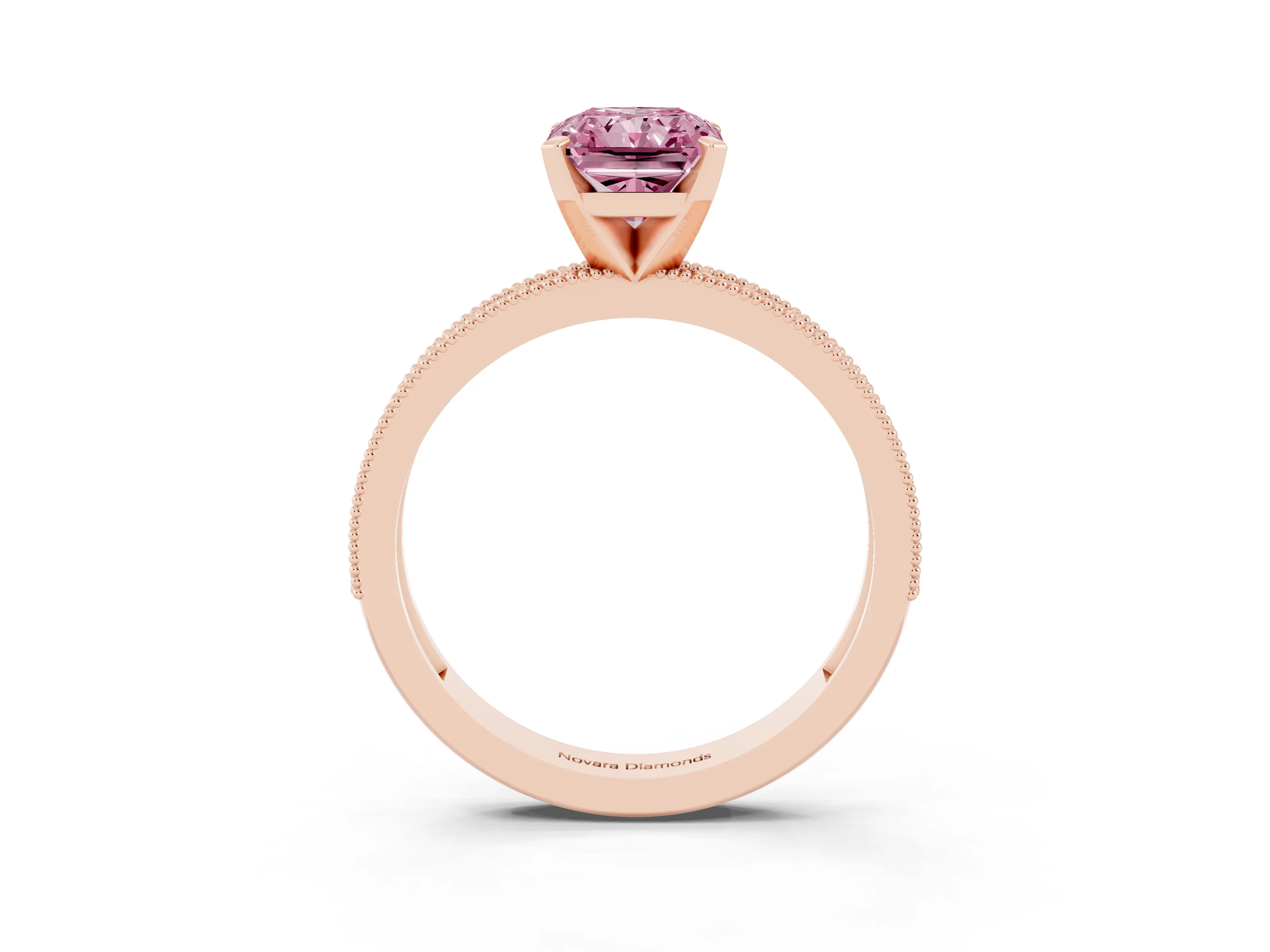 Fancy Pink Radiant Cut Diamond Milgrain Pavé Engagement Ring Set in Rose gold with Prong Setting