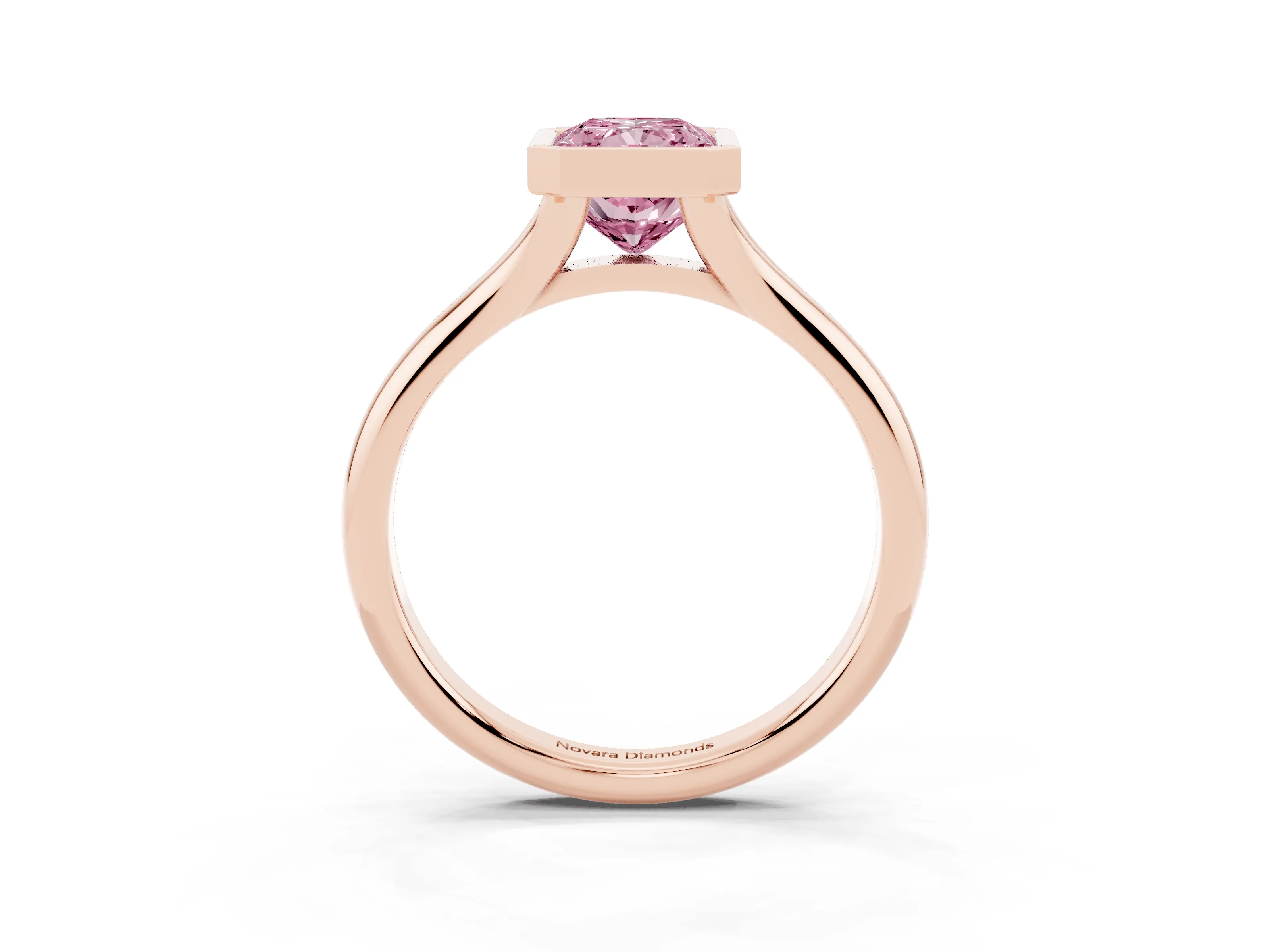 Fancy Pink Bezel Set Radiant Cut Diamond Solitaire Ring Set in Rose gold with Smooth Band