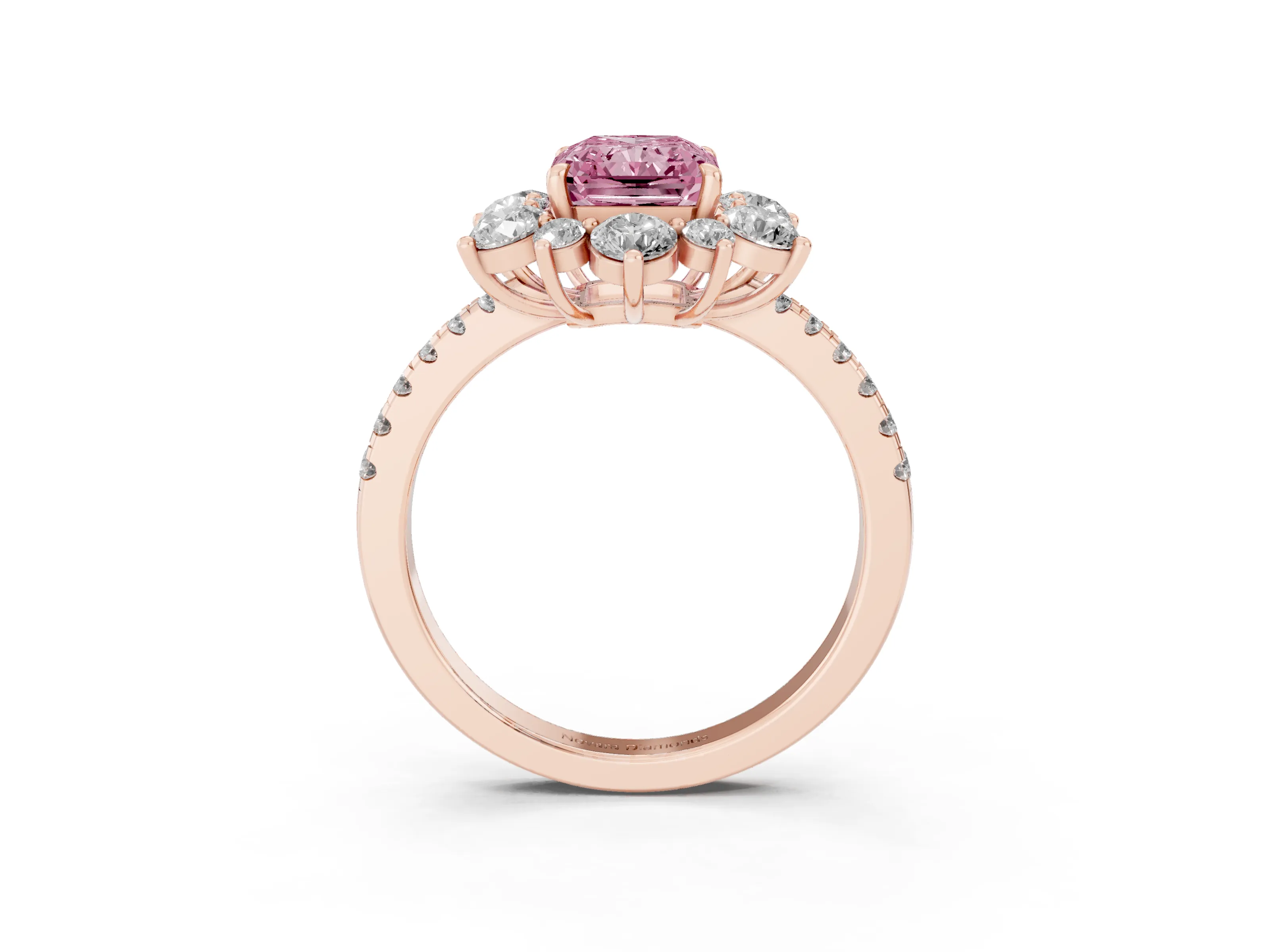 Fancy Pink Radiant Cut Diamond Floral Halo Ring Set in Rose gold with Round Pavé Band and Prong Setting