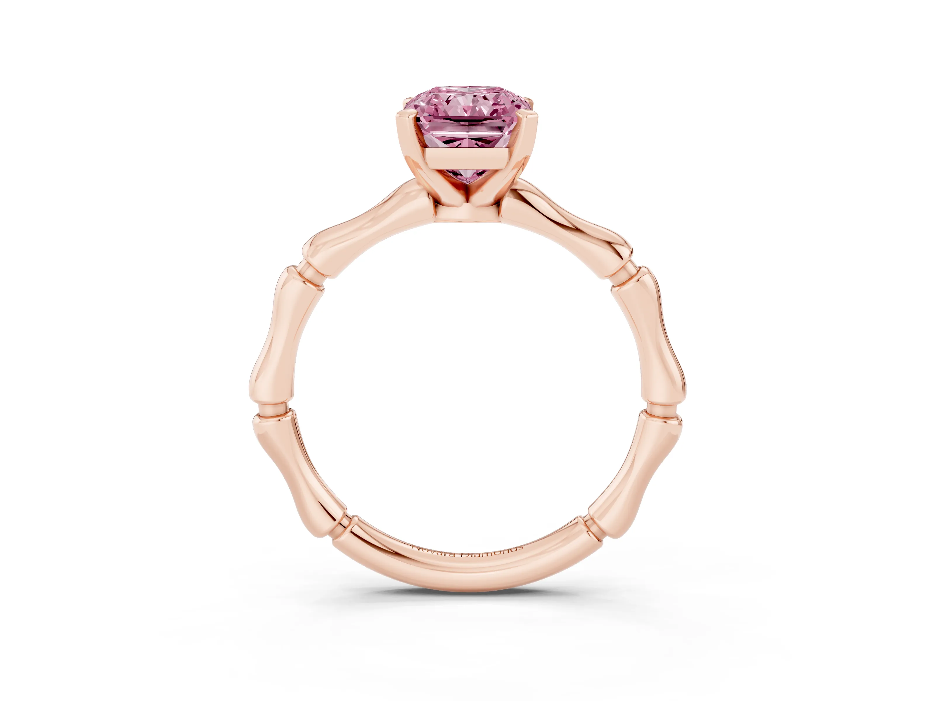 Fancy Pink Radiant Cut Diamond Solitaire Ring Set in Rose gold with Bamboo Band and Prong Setting