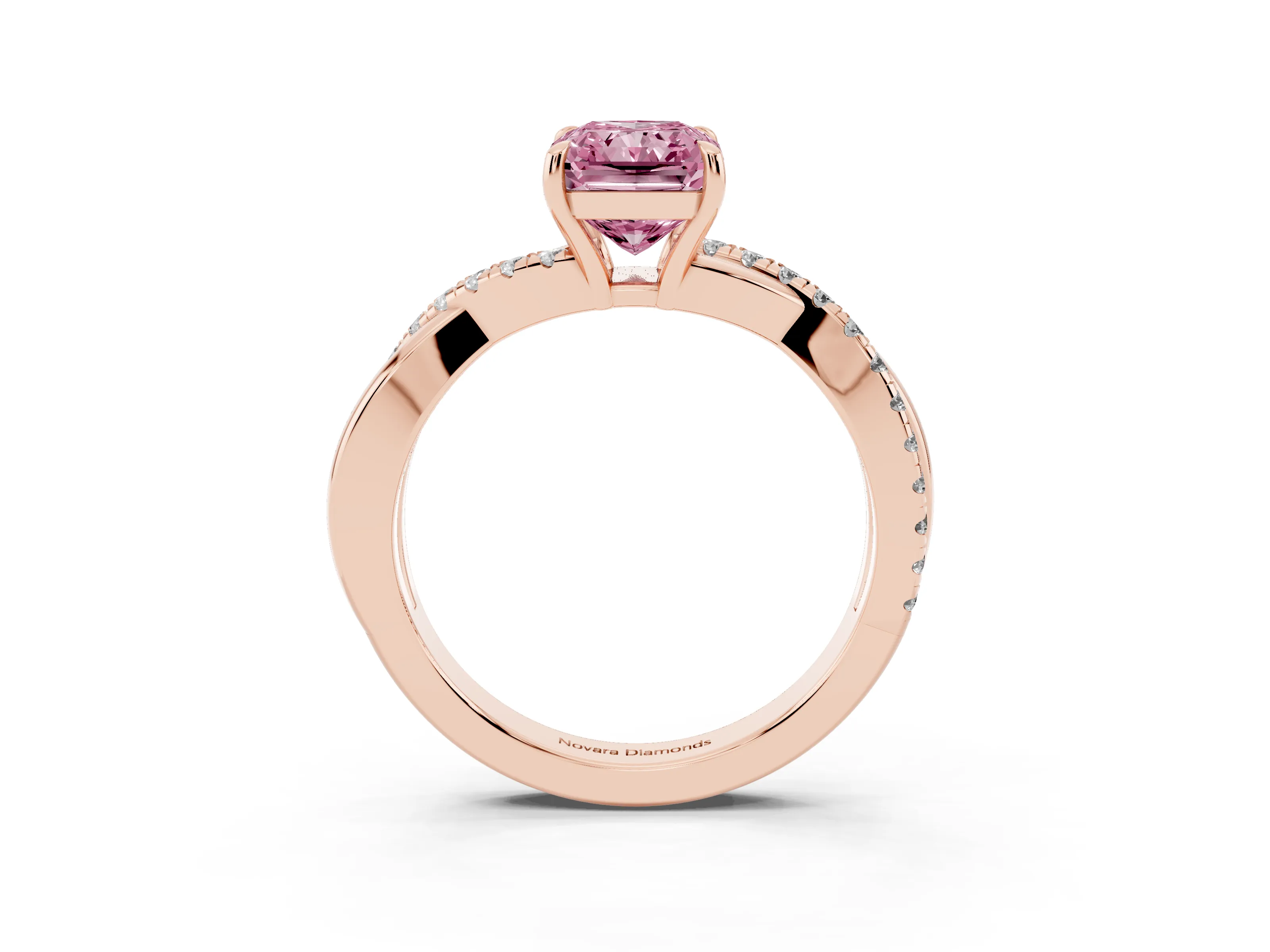 Fancy Pink Radiant Cut Diamond Twisted Pavé Band Ring Set in Rose gold with Prong Setting