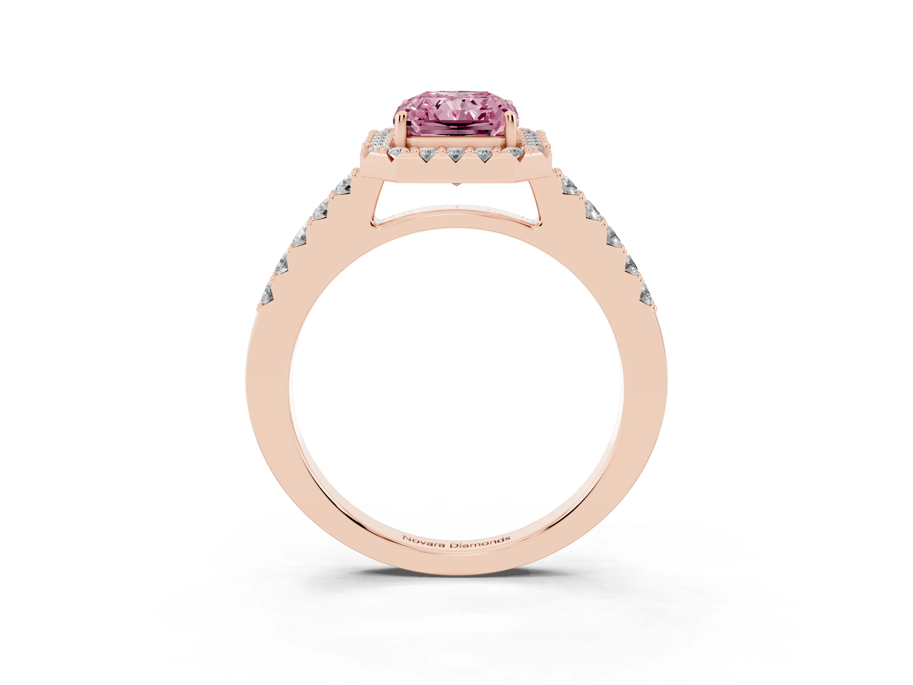 Fancy Pink Radiant Cut Diamond Halo Pavé Solitaire Ring Set in Rose gold with Prong-Set Center Stone