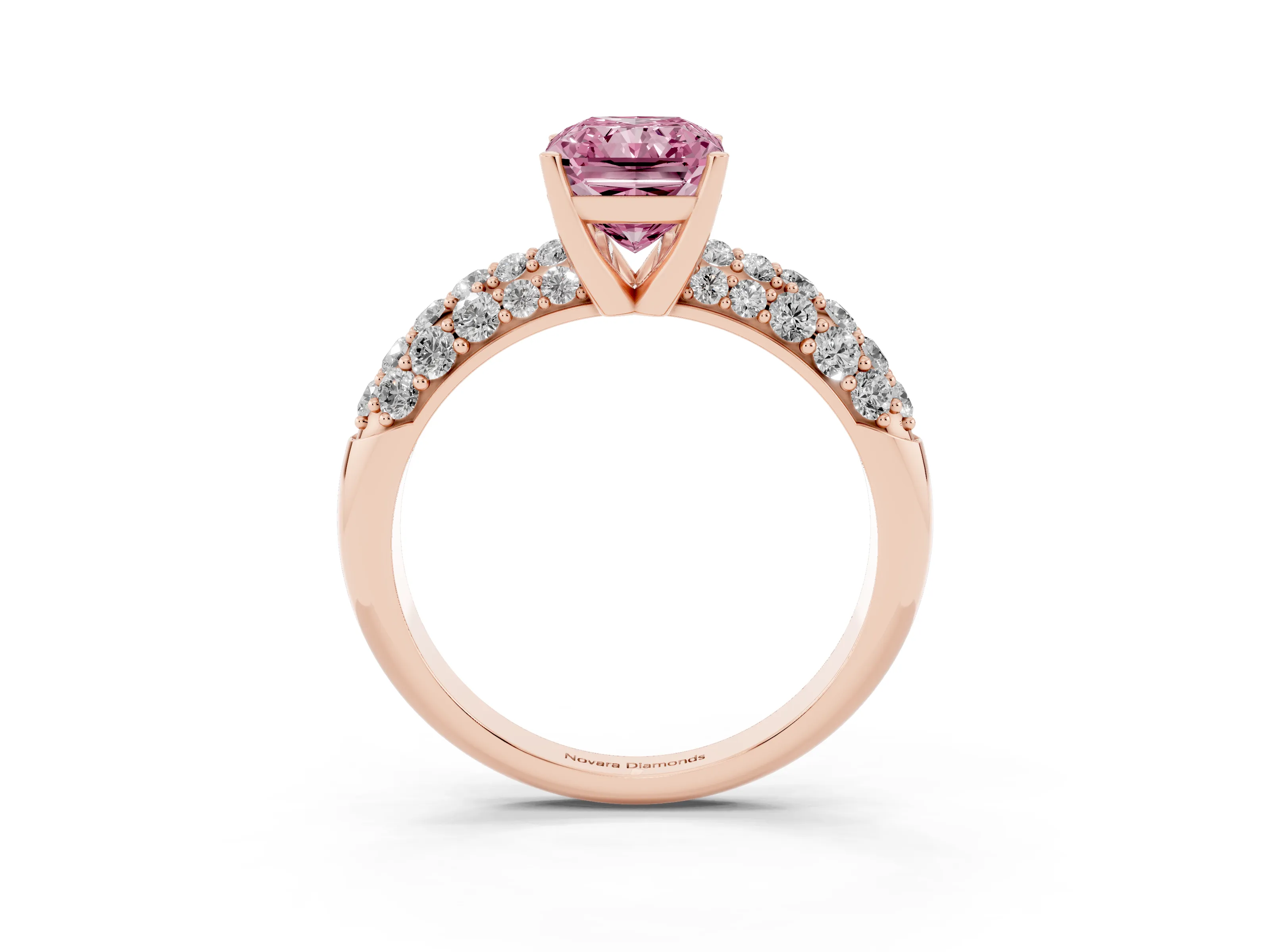 Fancy Pink Radiant Cut Diamond Pavé Band Solitaire Ring Set in Rose gold with Close-Set Accent Stones and Prong Setting