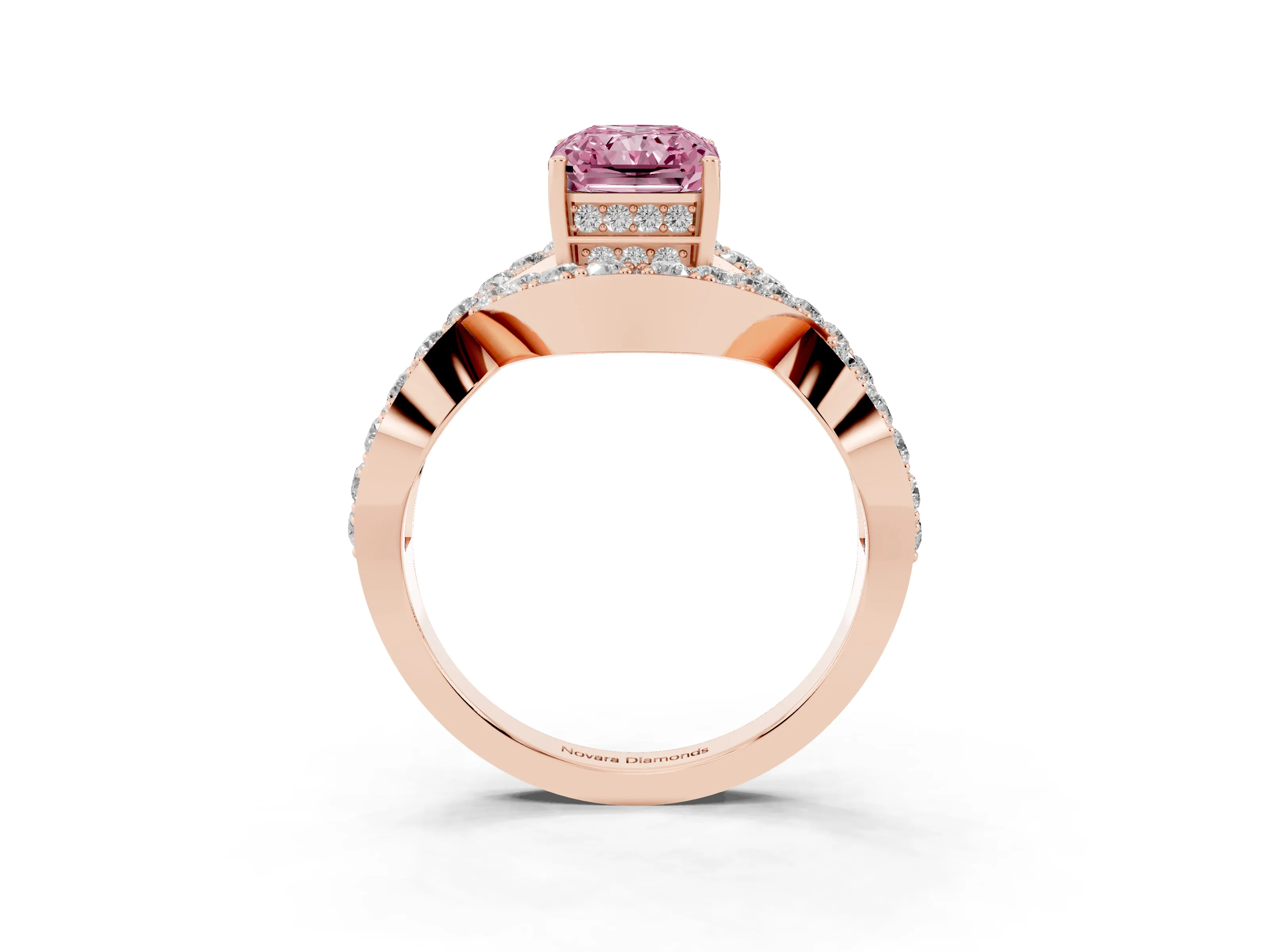 Fancy Pink Radiant Cut Diamond Solitaire Twist Band Pavé Engagement Ring Set in Rose gold