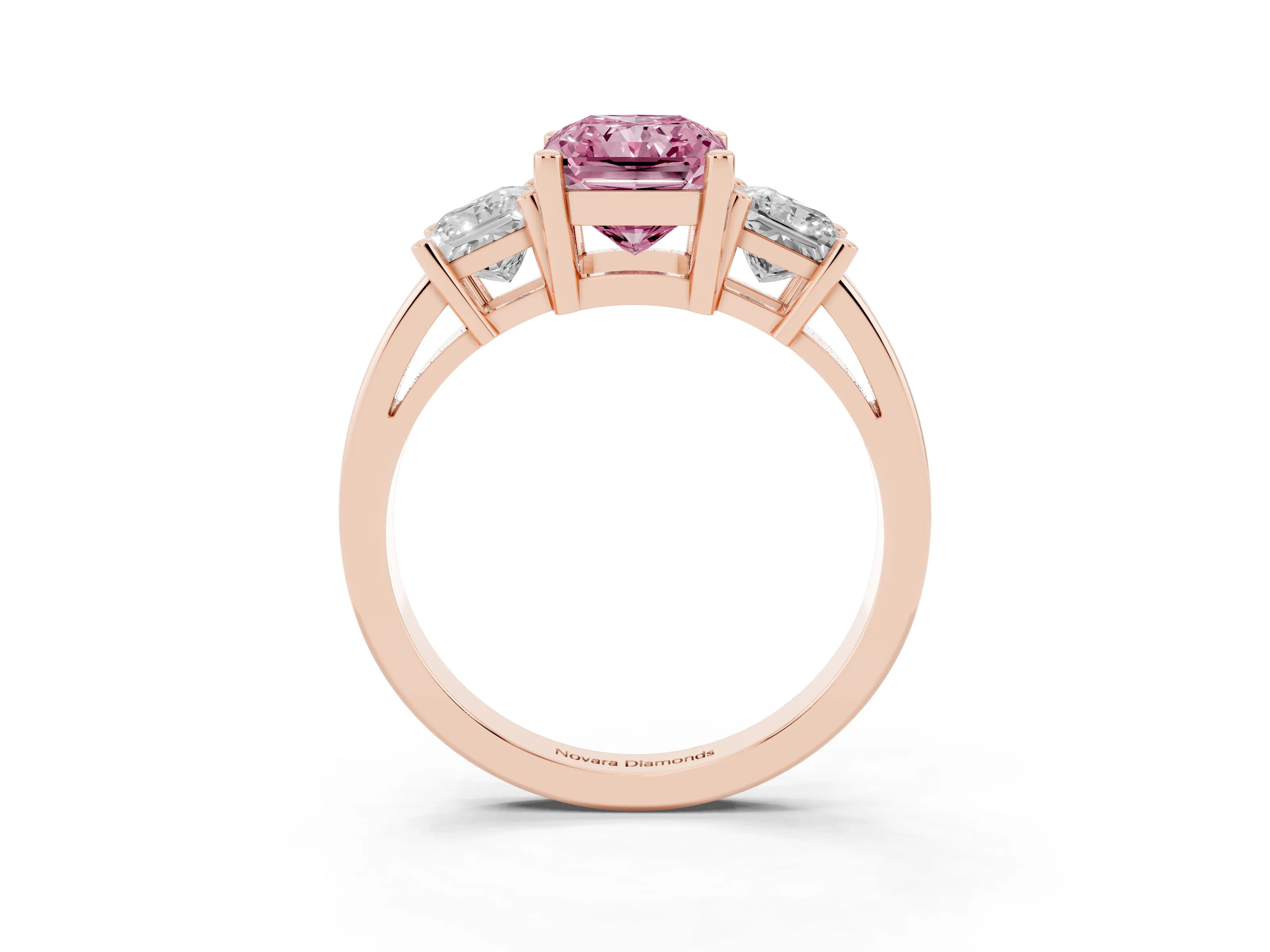 Fancy Pink Three-Stone Radiant Cut Diamond Solitaire Ring Set in Rose gold with Prong Setting