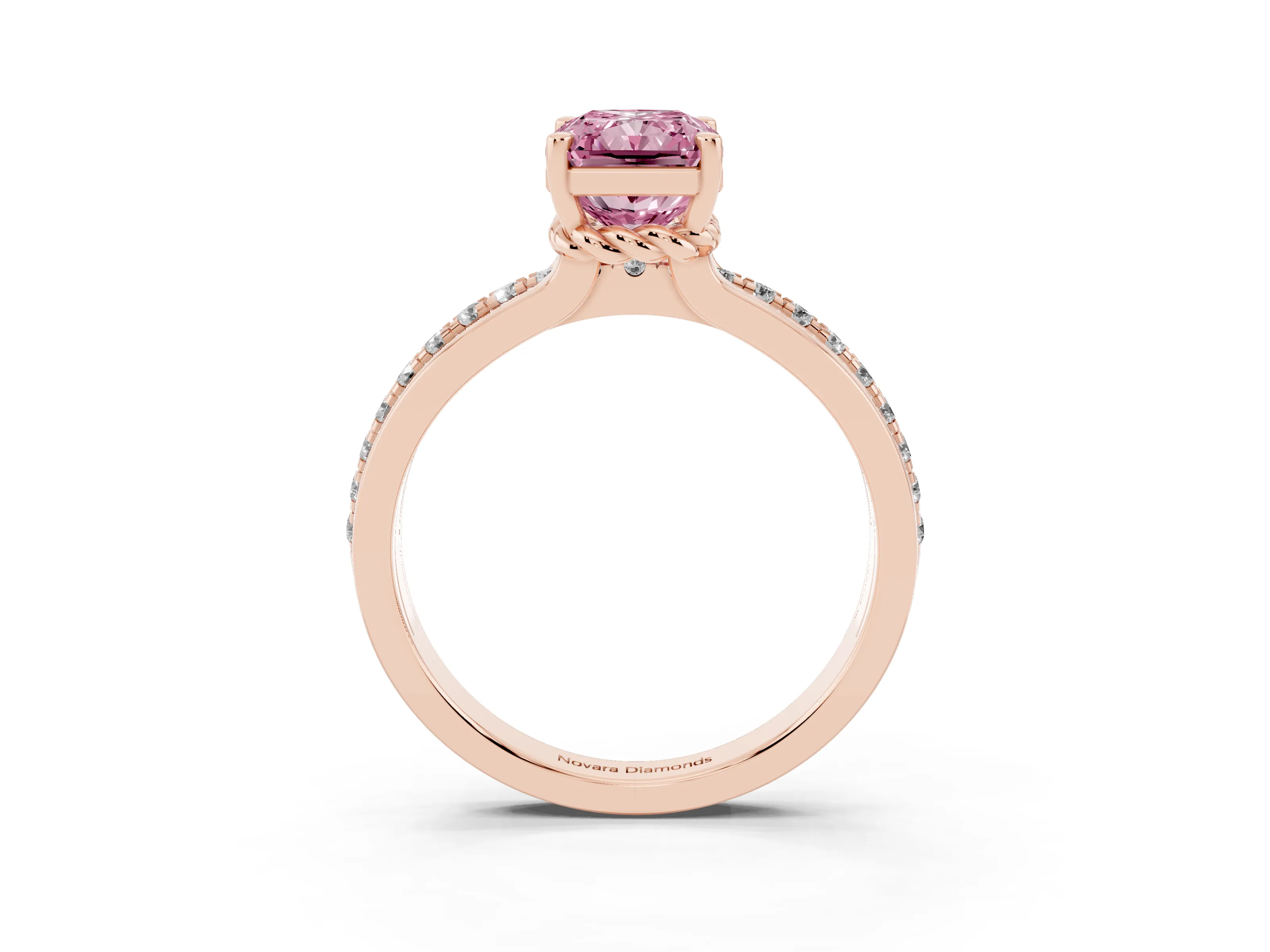 Fancy Pink Radiant Cut Diamond Solitaire Ring Set in Rose gold with Channel Set Band and Prong Setting