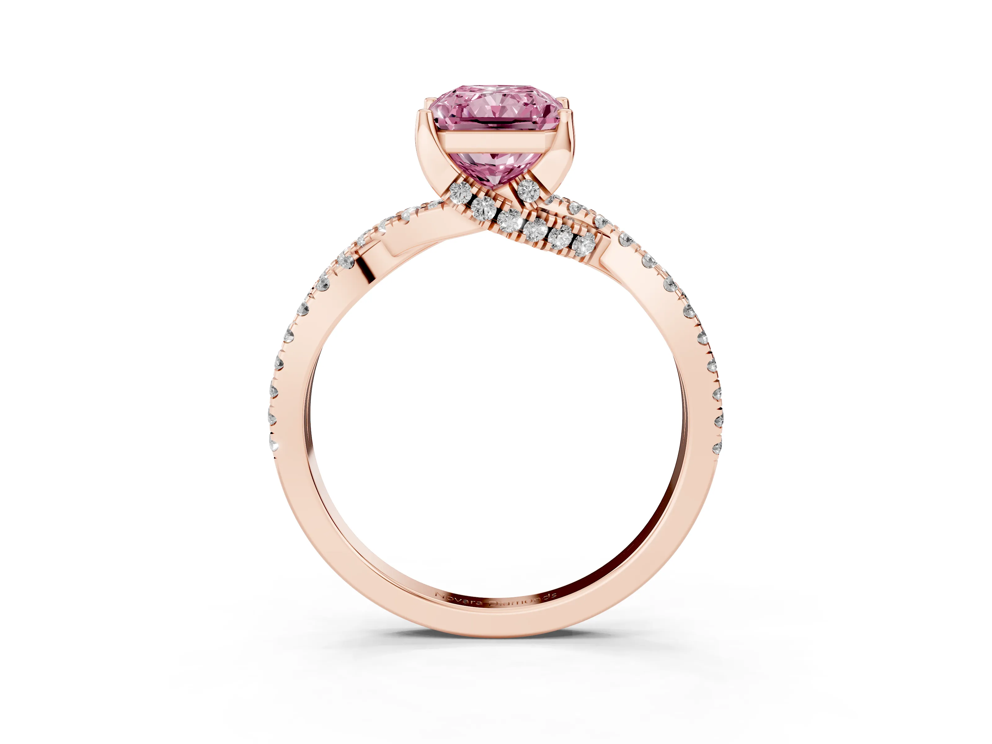 Fancy Pink Radiant Cut Diamond Twist Pavé Solitaire Engagement Ring Set in Rose gold with Prong Setting