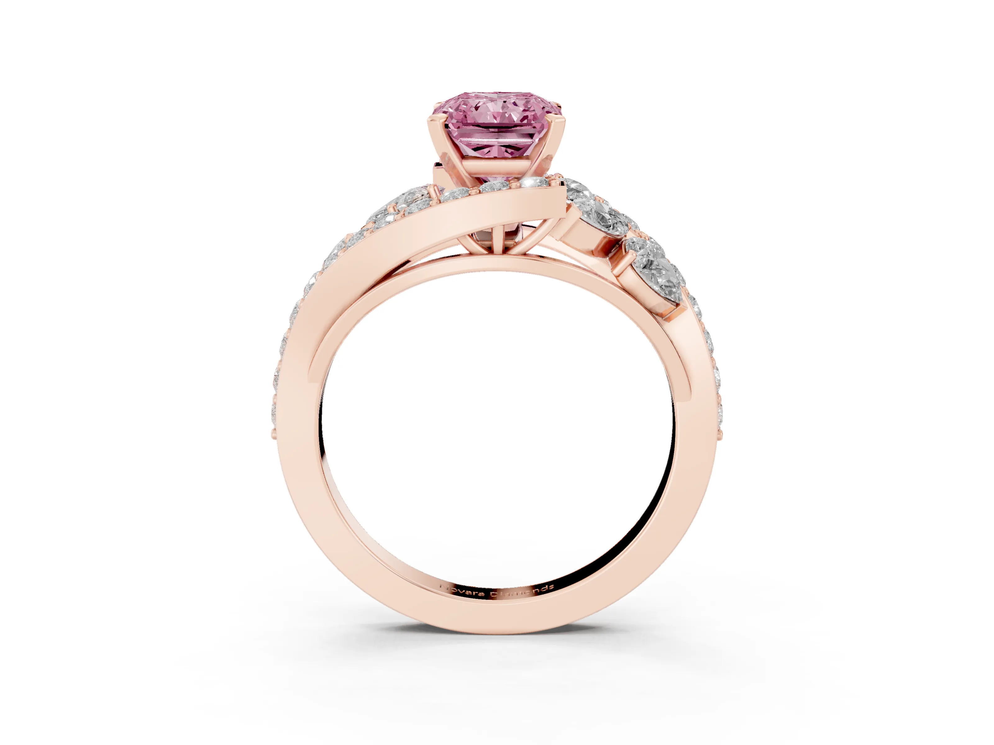 Fancy Pink Radiant Cut Diamond Halo Ring Set in Rose gold with Marquise and Pavé Band in Prong Setting