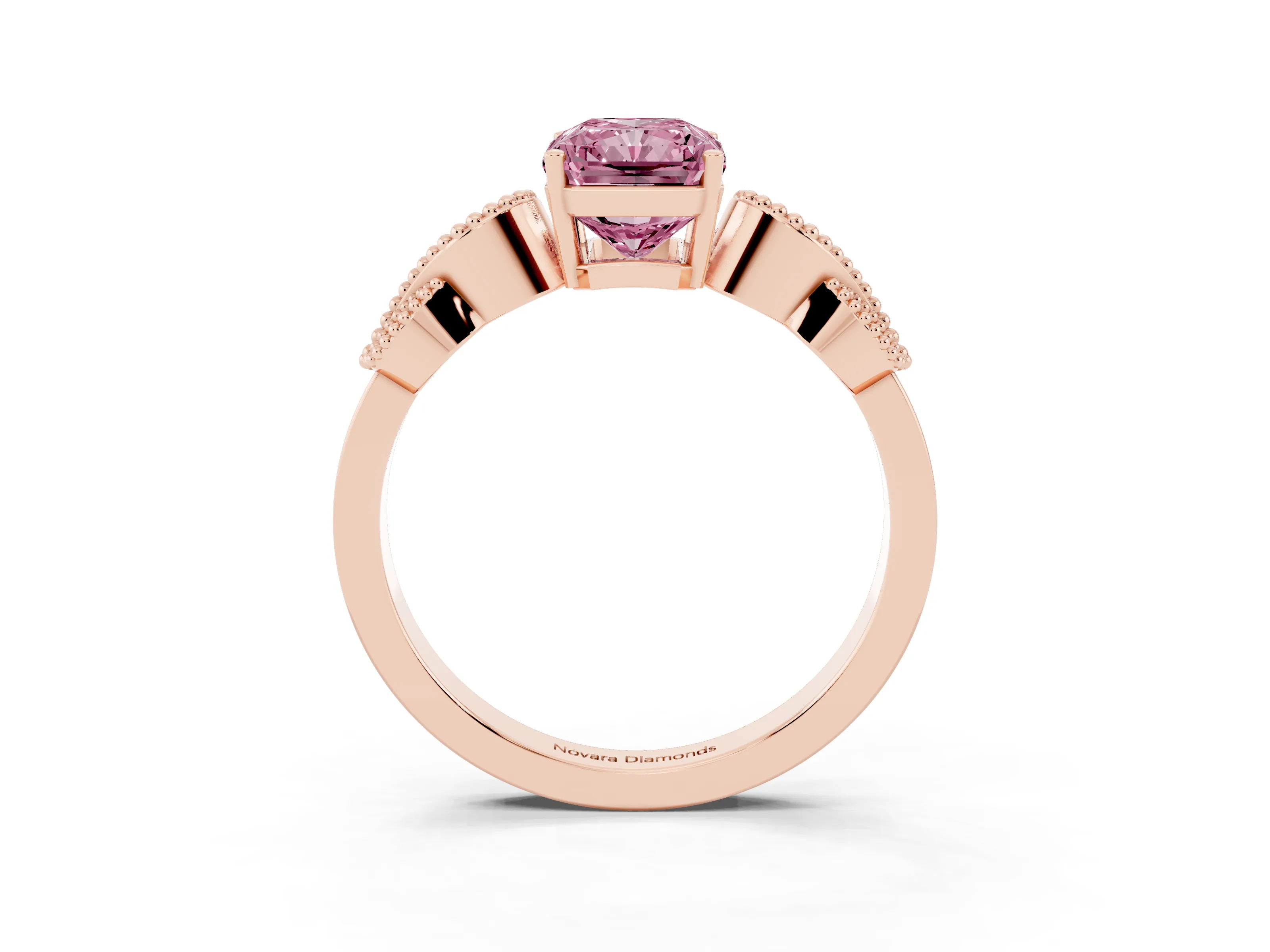 Fancy Pink Radiant Cut Diamond Milgrain Leaf Band Solitaire Ring Set in Rose gold with Accent Stones and Prong Setting