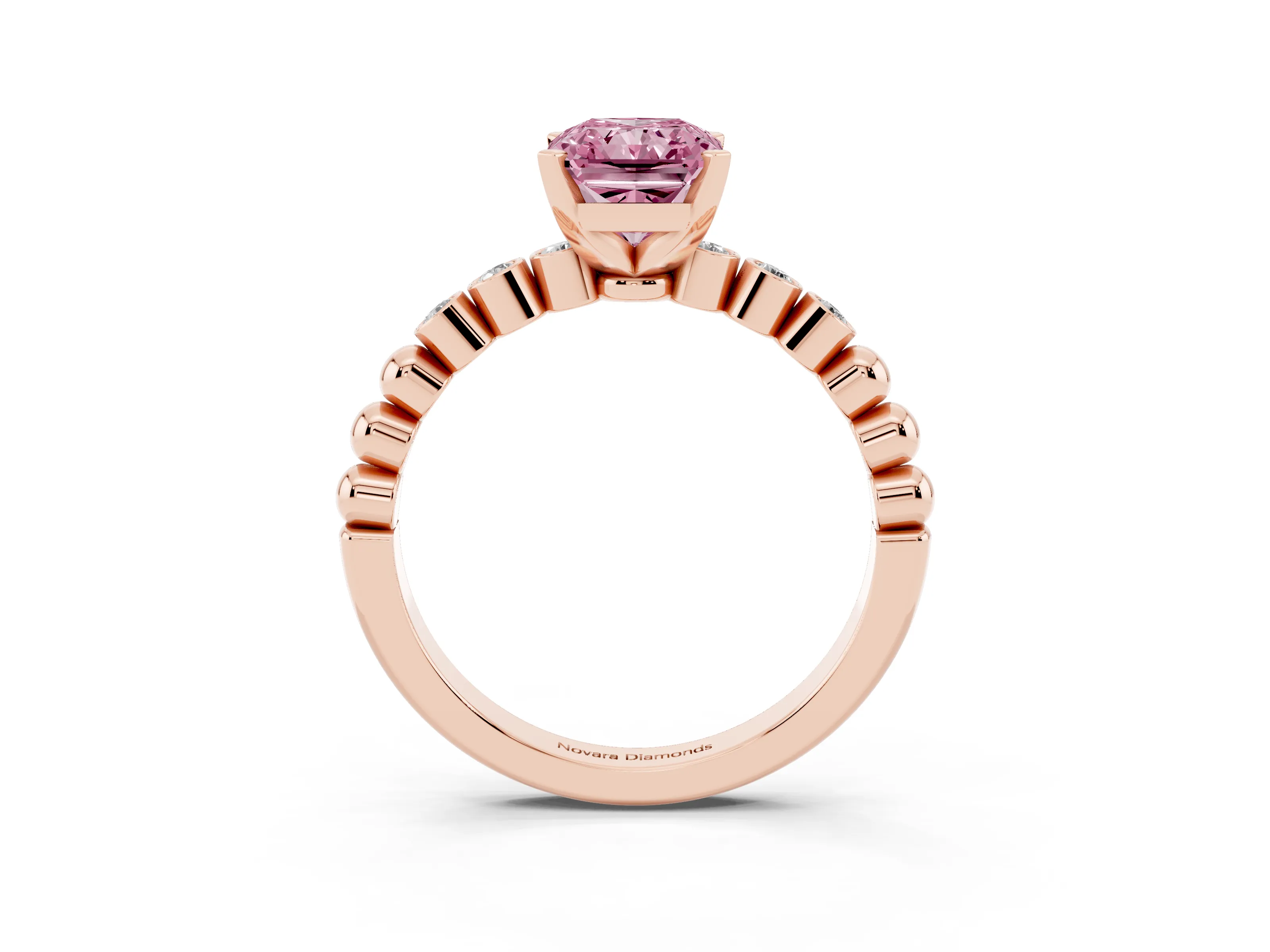 Fancy Pink Radiant Cut Diamond Solitaire Engagement Ring Set in Rose gold with Bezel Accents on Beaded Band