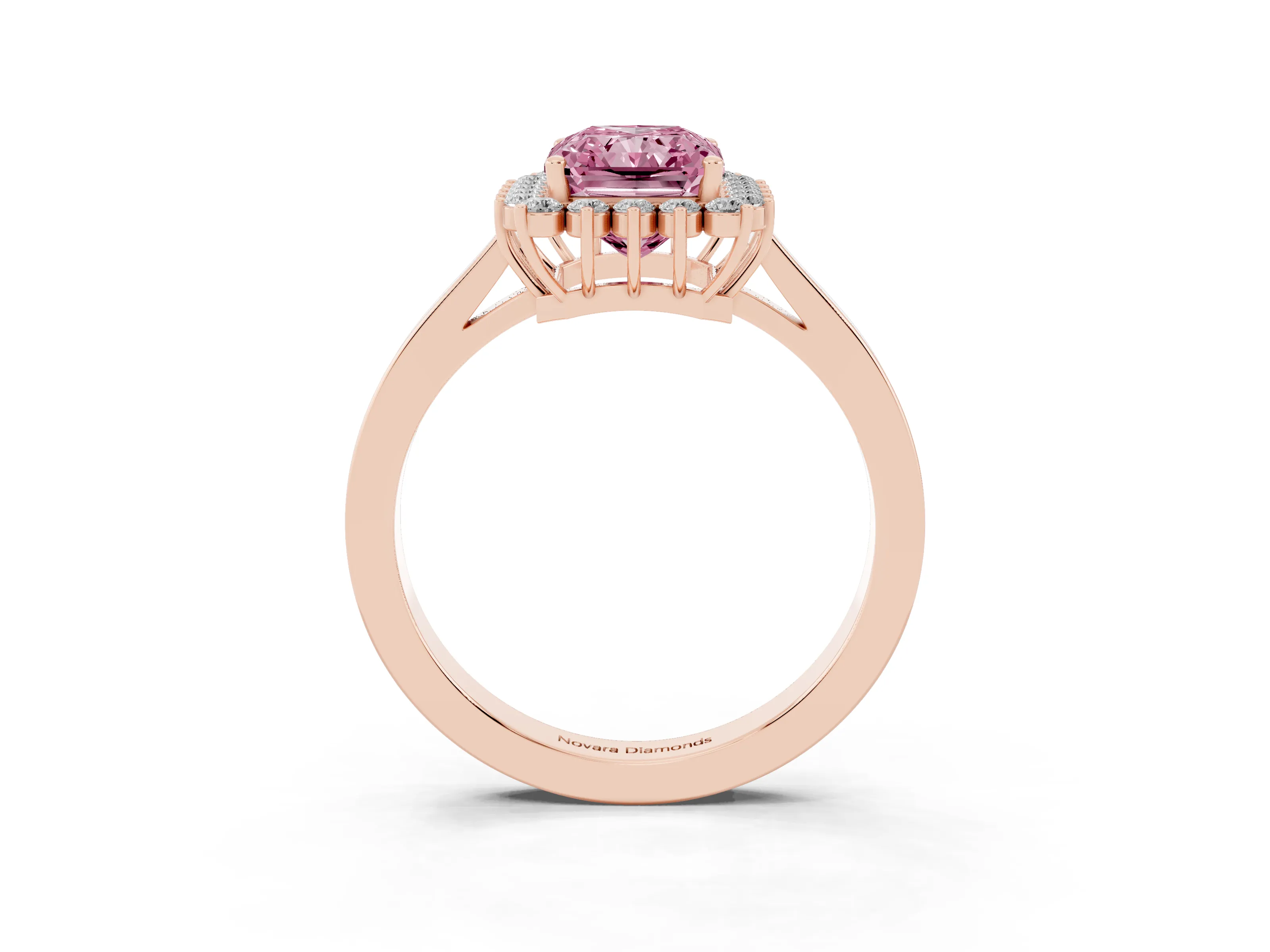 Fancy Pink Radiant Cut Diamond Halo Ring Set in Rose gold with Round Halo and Smooth Solitaire Band