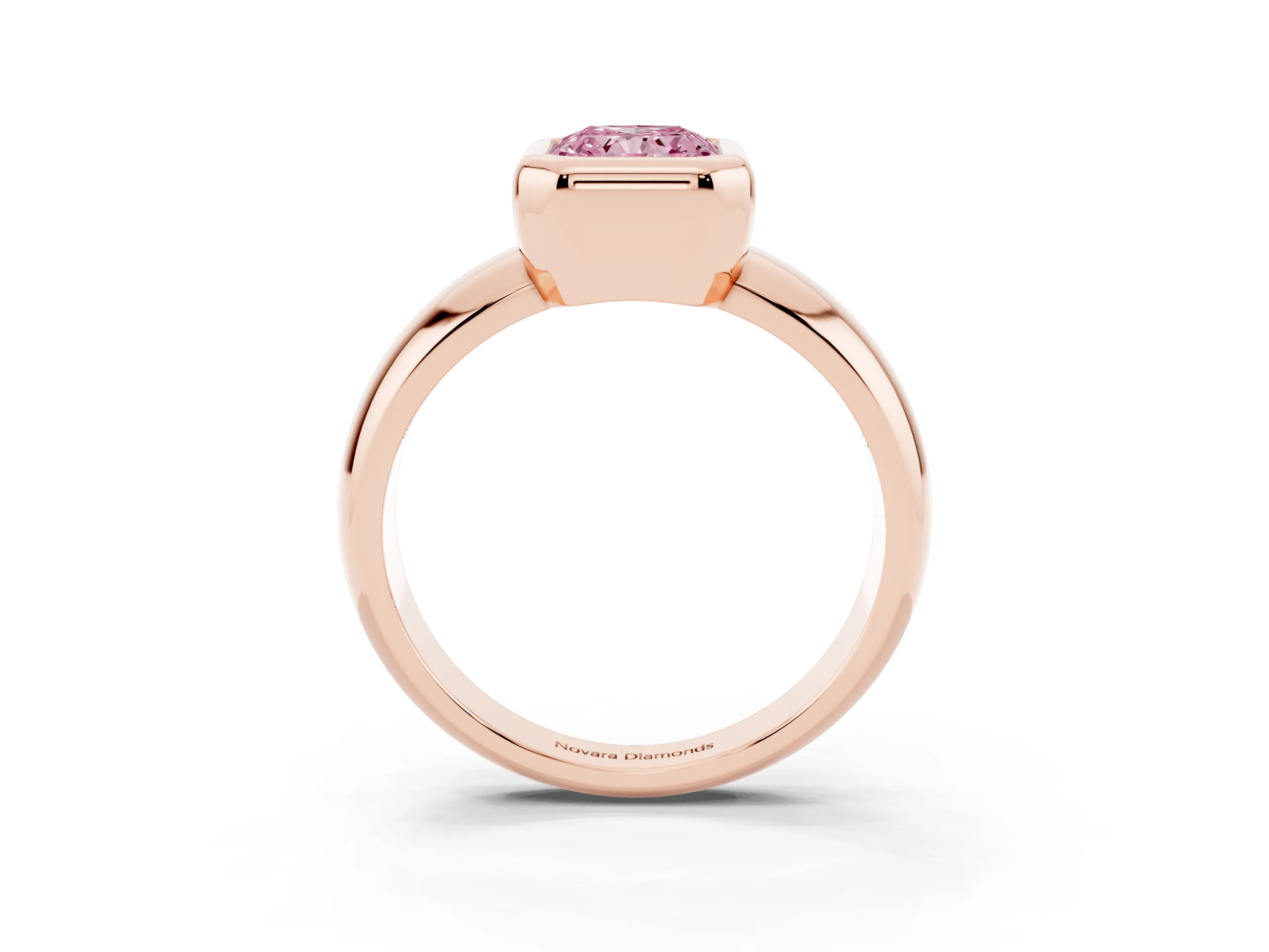 Fancy Pink Bezel Set Radiant Cut Diamond Solitaire Ring Set in Rose gold with Wide Band