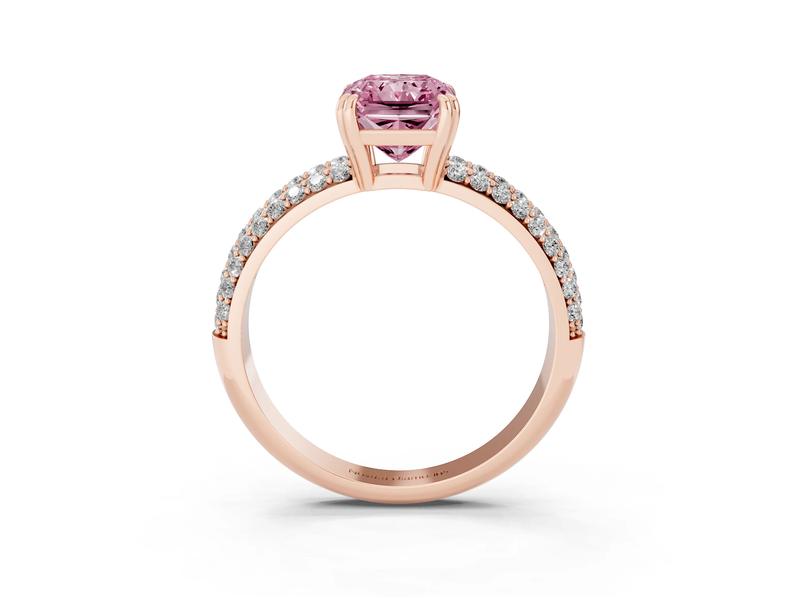Fancy Pink Radiant Cut Diamond Solitaire Ring Set in Rose gold with Multi-Row Round Pavé Band and Prong Setting