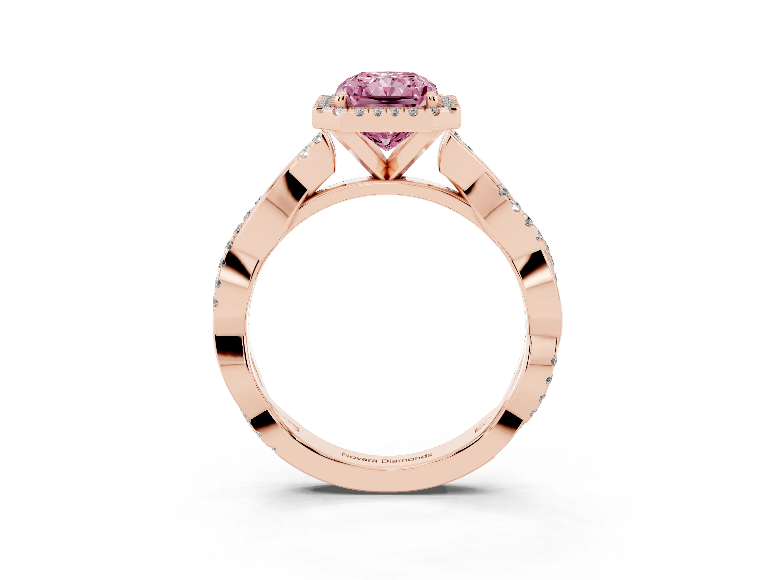 Fancy Pink Radiant Cut Diamond Halo Twisted Band Ring Set in Rose gold with Prong Setting