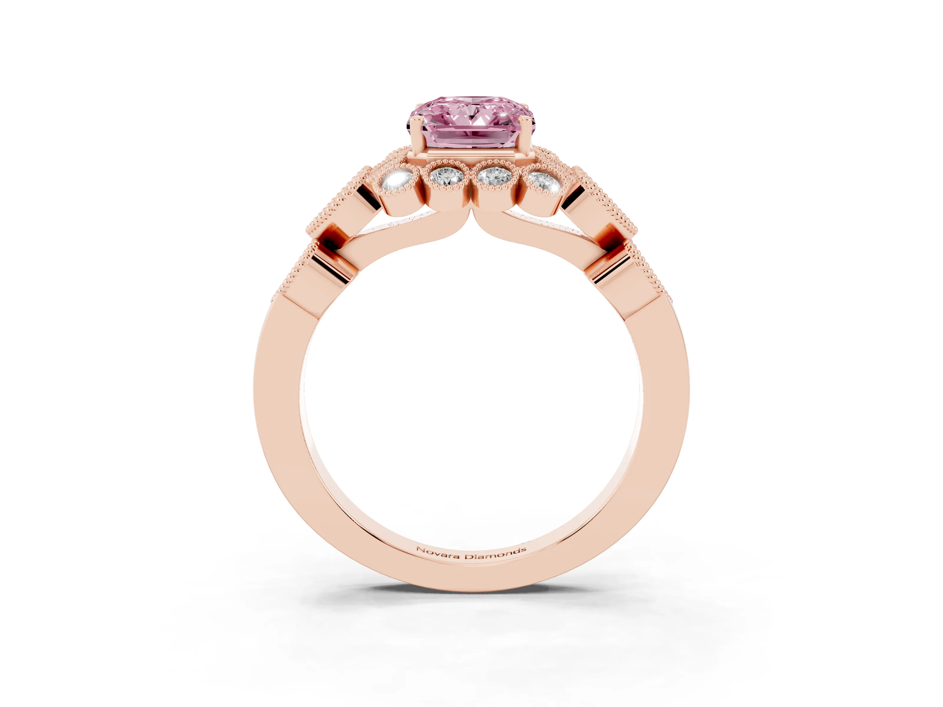 Fancy Pink Radiant Cut Diamond Solitaire Ring Set in Rose gold with Milgrain Pavé Heart Band