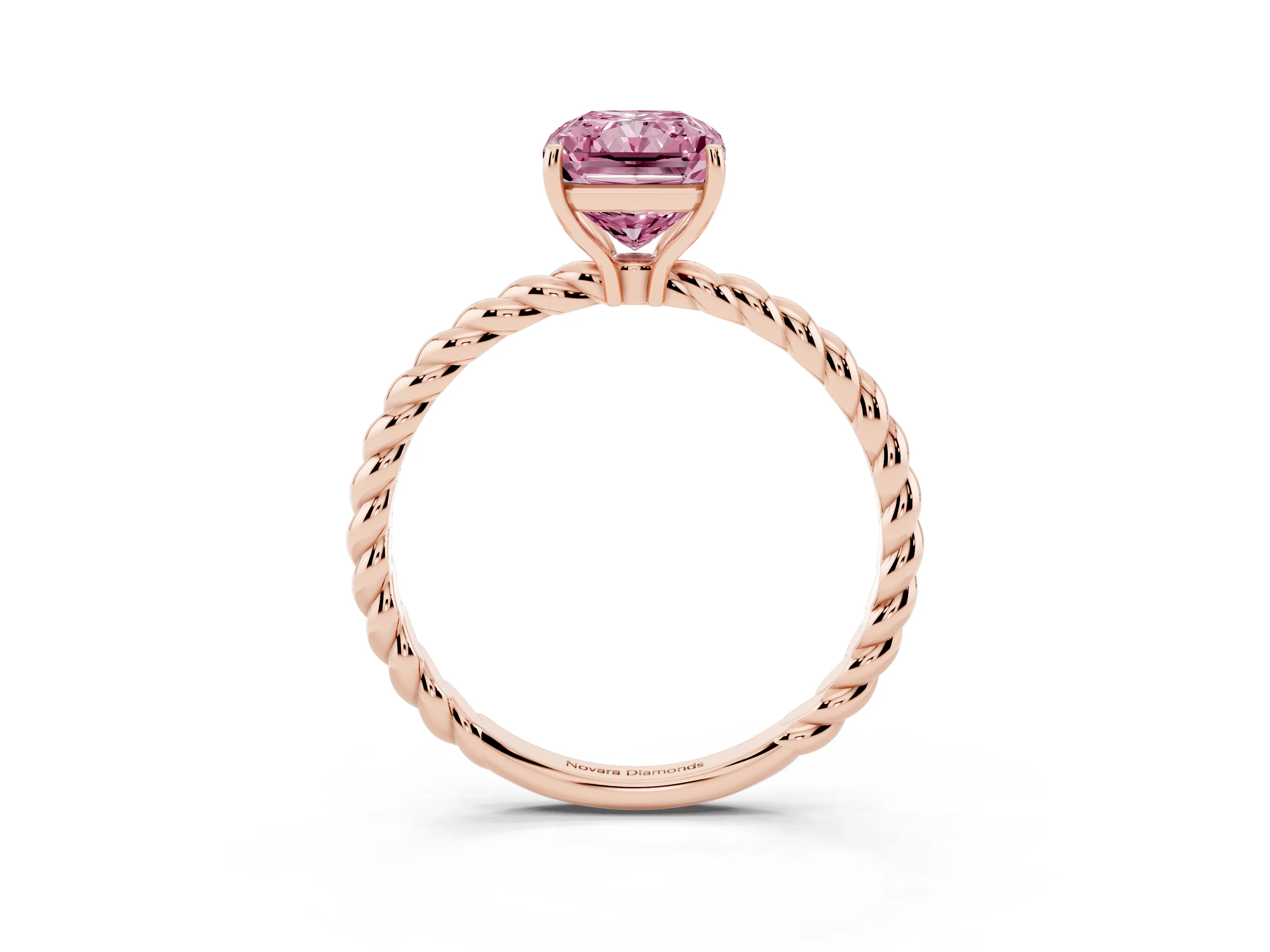 Fancy Pink Radiant Cut Diamond Solitaire Ring Set in Rose gold with Twist Band and Prong Setting