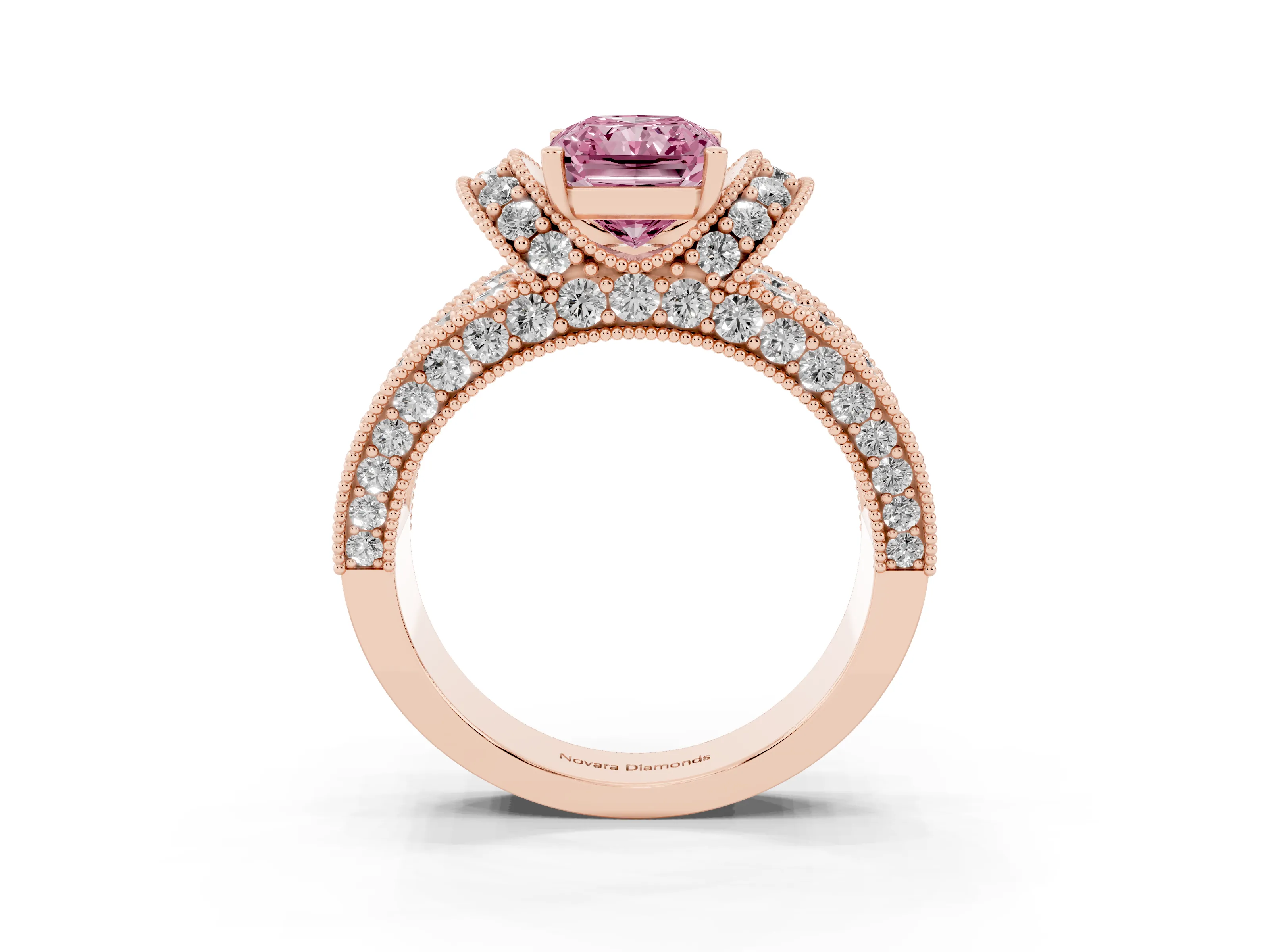 Fancy Pink Radiant Cut Diamond Milgrain Halo Pavé Engagement Ring Set in Rose gold with Prong Setting