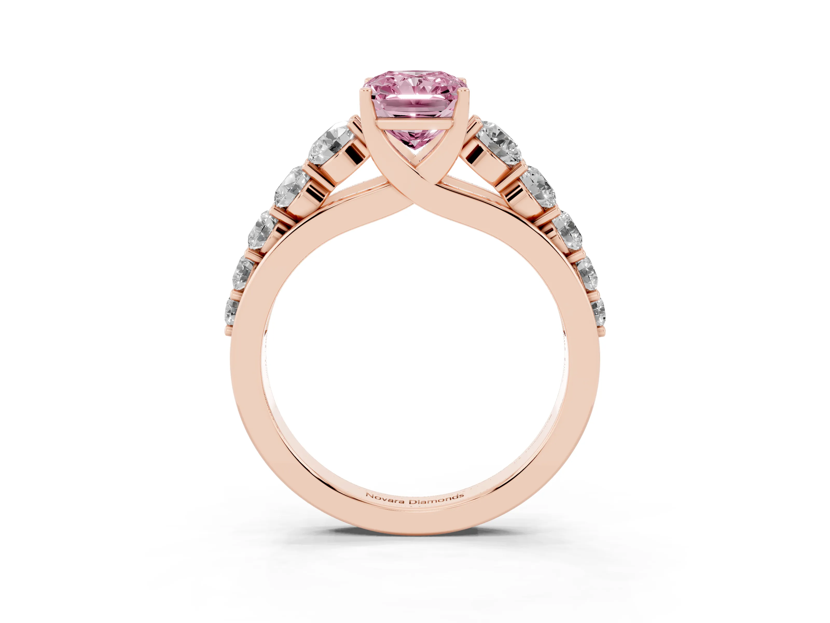 Fancy Pink Radiant Cut Diamond Solitaire Ring Set in Rose gold with Pavé-Set Band and Prong Setting
