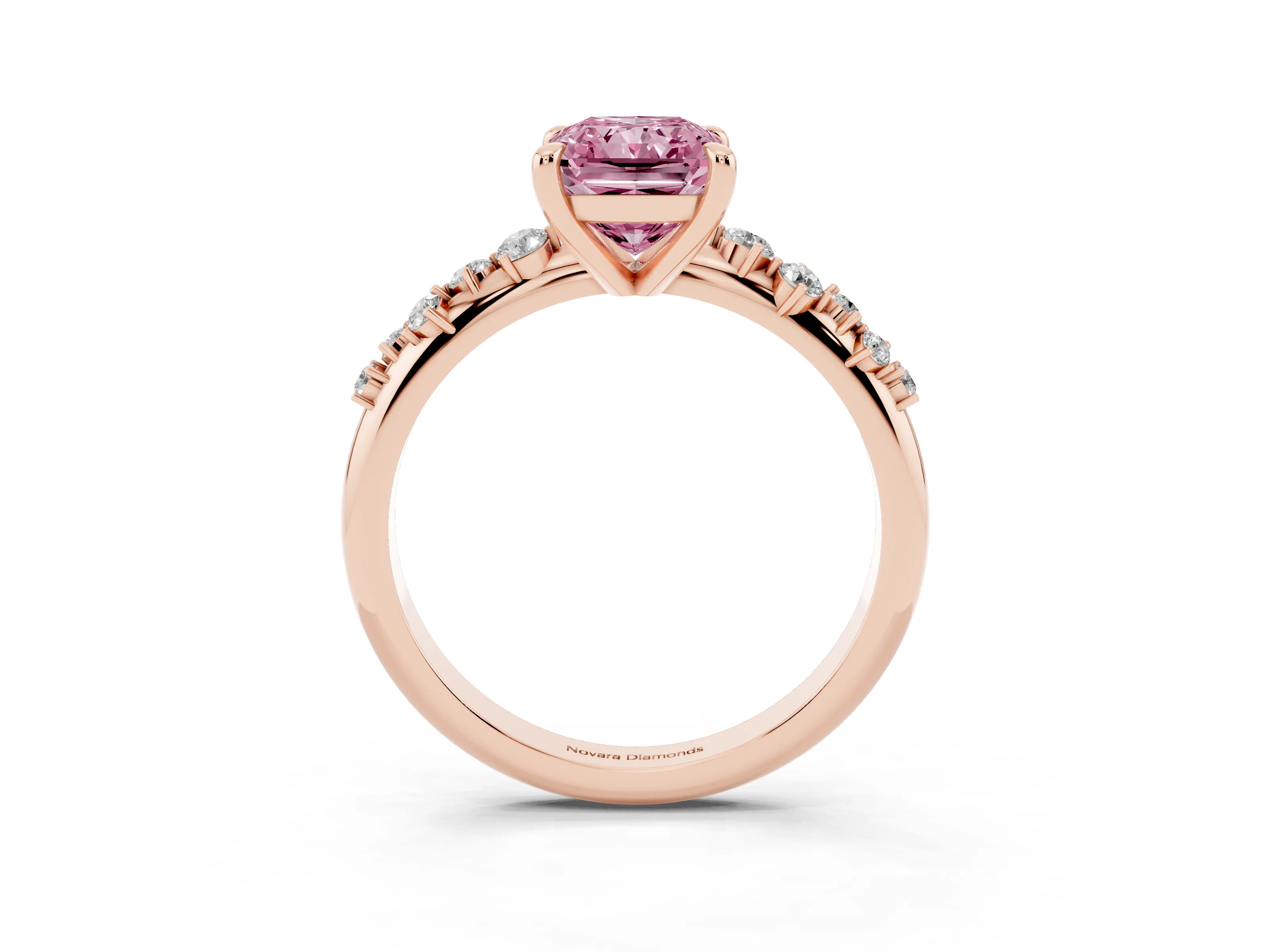Fancy Pink Radiant Cut Diamond Solitaire Vine Band Ring Set in Rose gold with Round Accents and Prong Setting