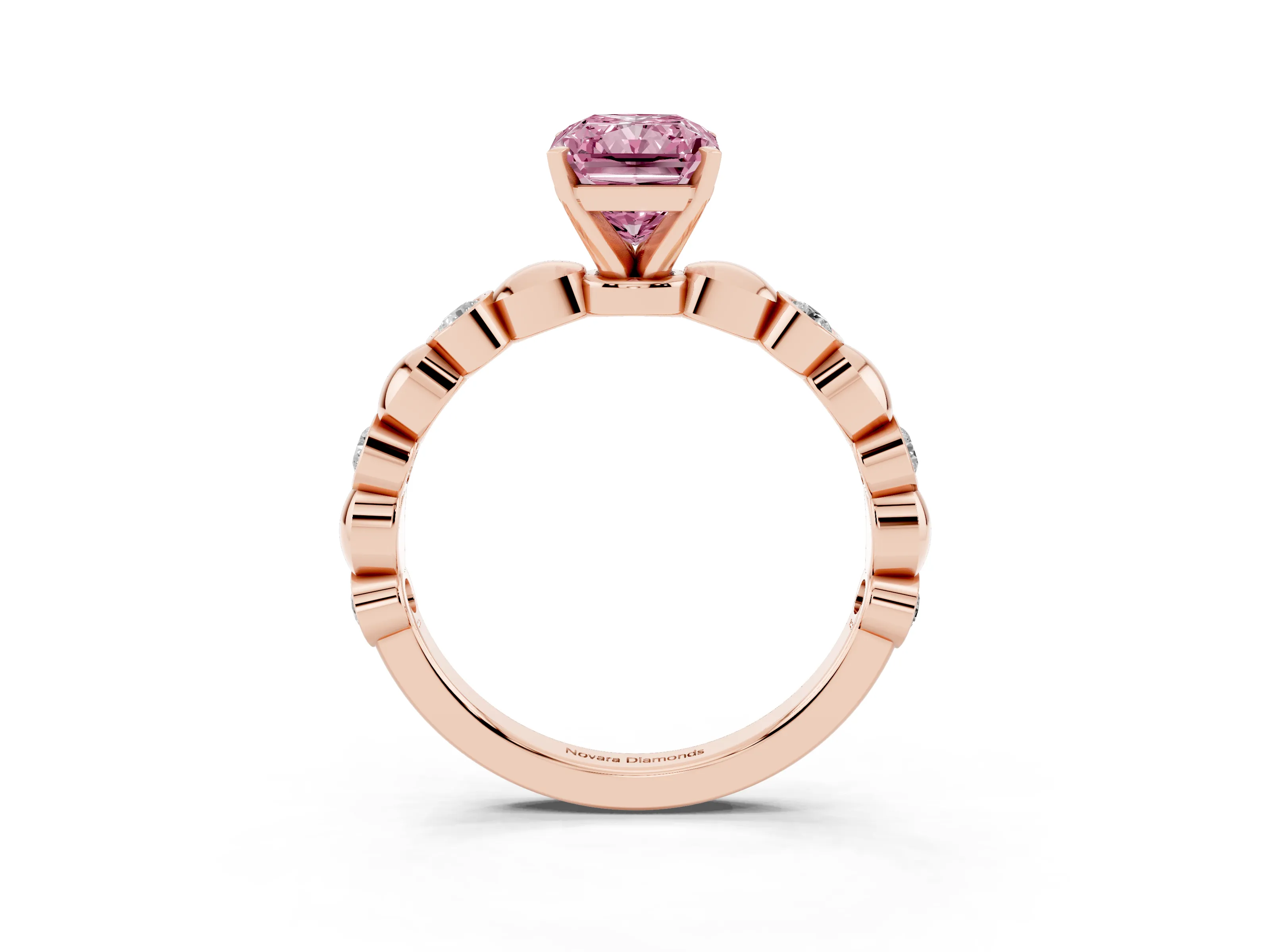 Fancy Pink Radiant Cut Diamond Solitaire Ring Set in Rose gold with Bezel-Set Accents on Beaded Band and Prong Setting