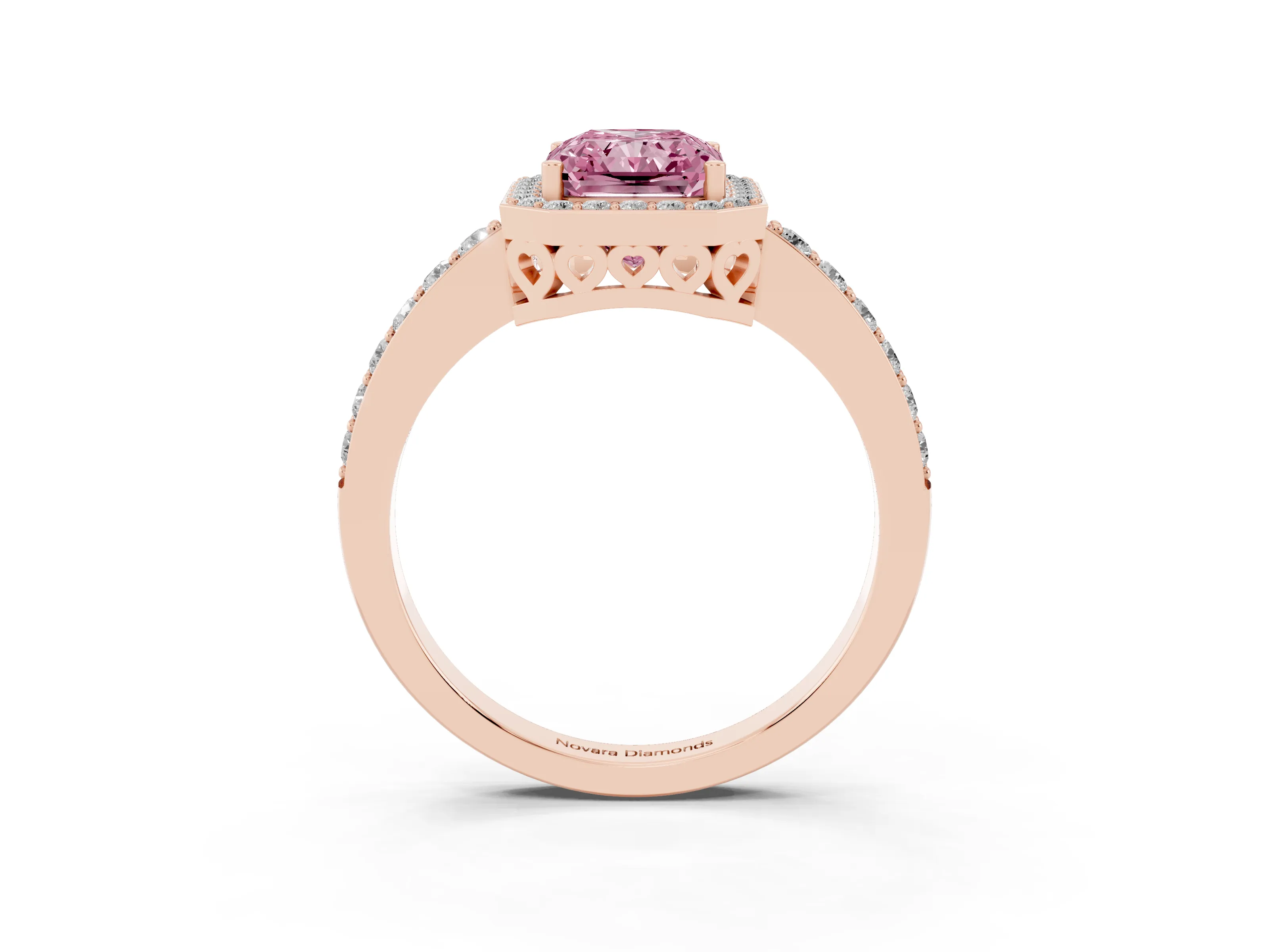 Fancy Pink Radiant Cut Diamond Halo Ring Set in Rose gold with Pavé-Setting Band and Open Prong Center