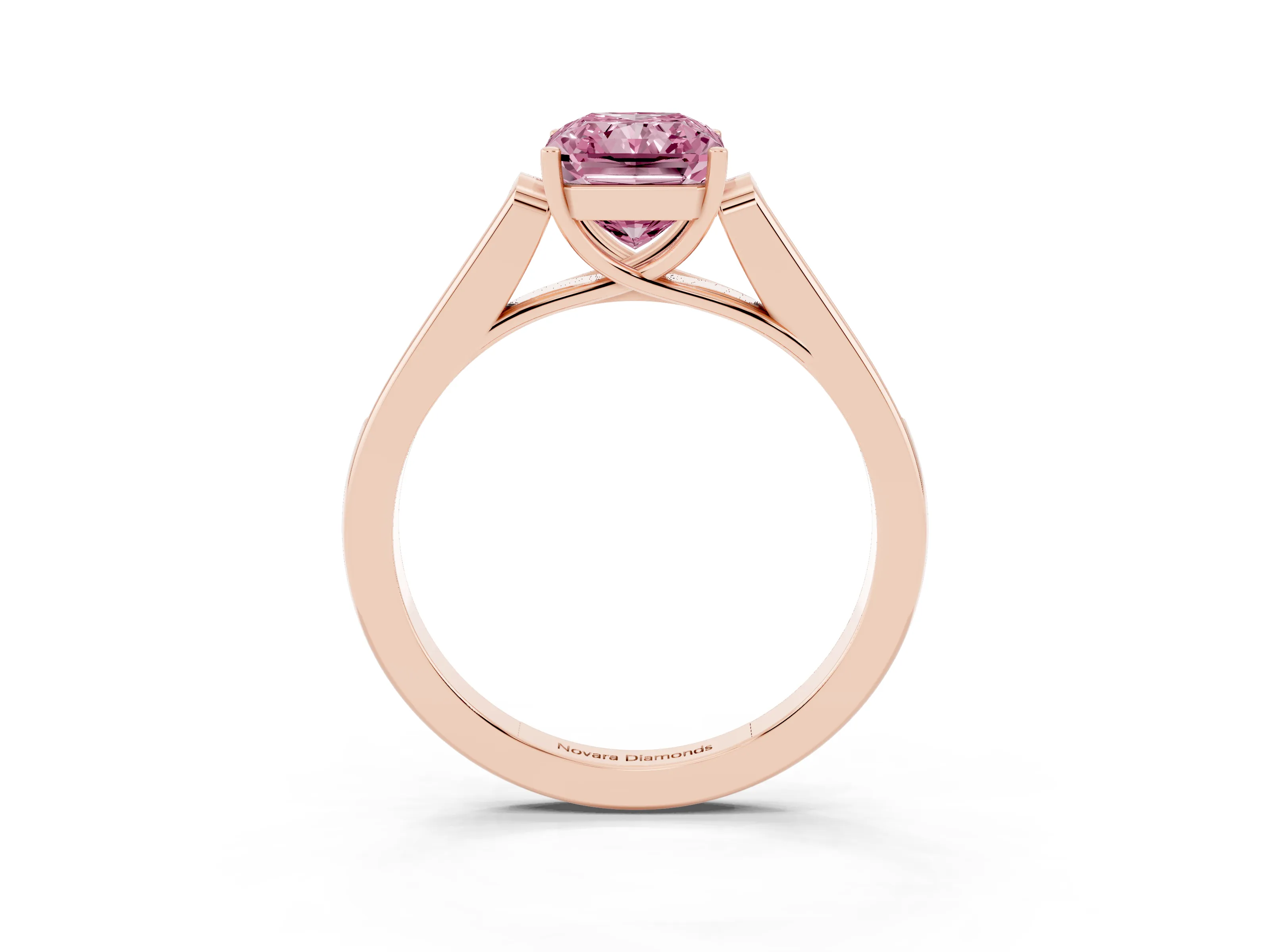 Fancy Pink Radiant Cut Diamond Solitaire Cathedral Engagement Ring Set in Rose gold with Channel-Set Band and Prong Setting